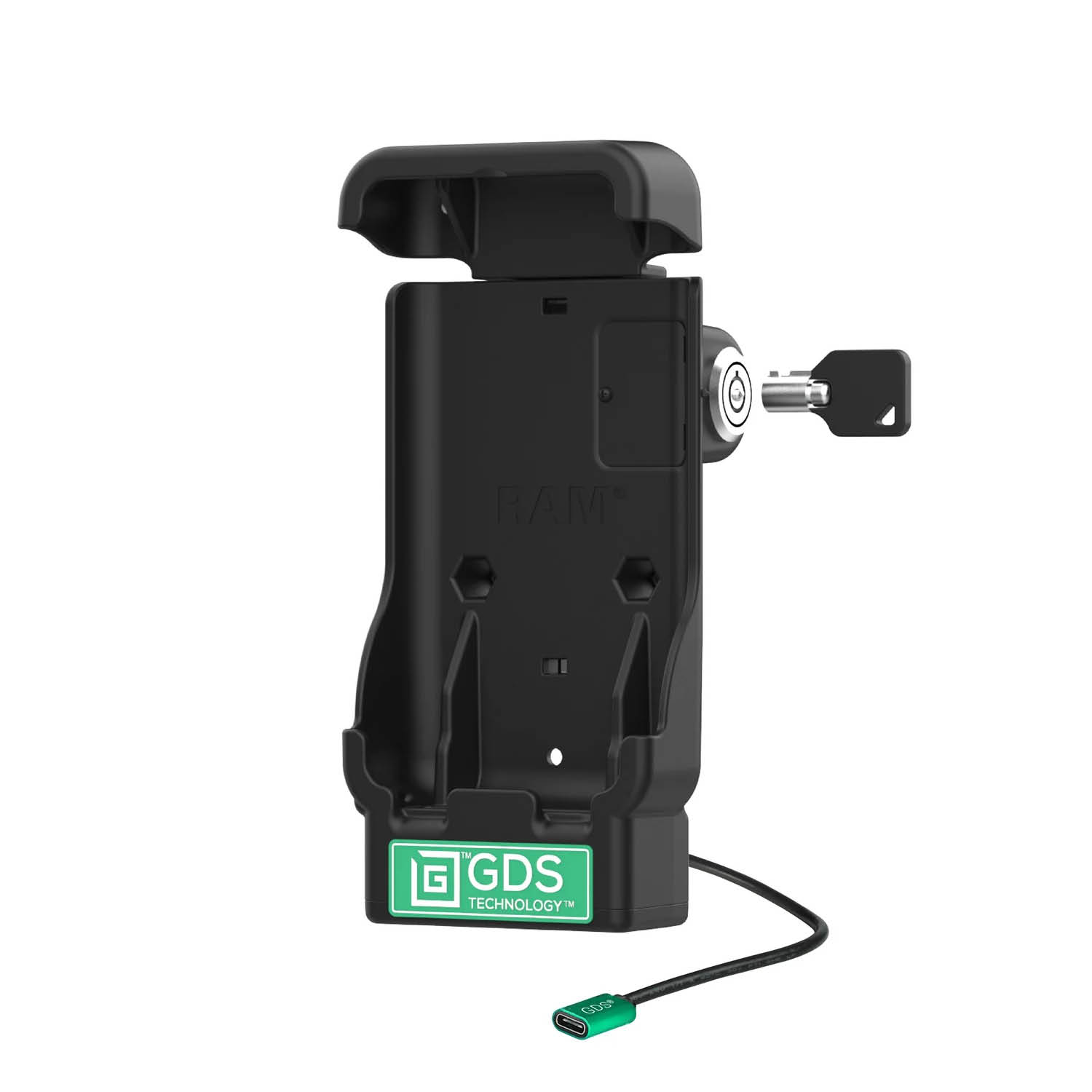 RAM Mounts GDS Fahrzeug-Ladehalteschale (Schlüsselverriegelung) für Zebra EM45 in IntelliSkin USB-C Schutzhülle - 2-Loch AMPS - USB-C Anschluss