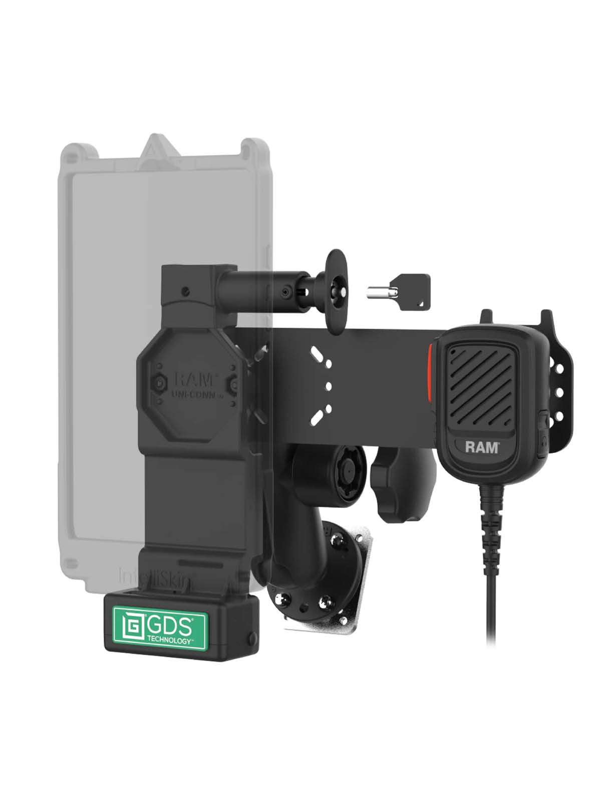 RAM Mounts GDS® Uni-Conn™ Fahrzeughalterung (abschließbar) inkl. PTT Mikrofon mit Lautsprecher für Zello - C-Kugel (1,5 Zoll), 4-Loch AMPS