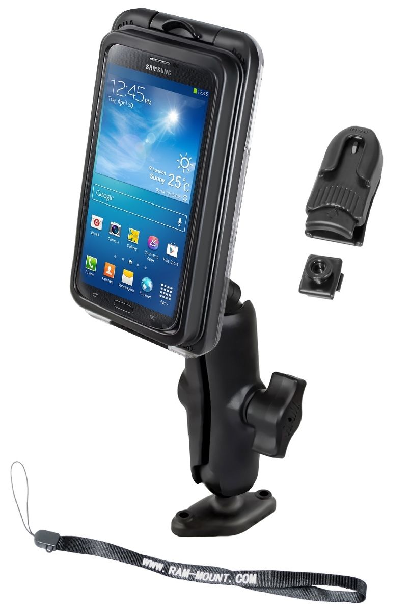 RAM Mounts Verbundstoff-Aufbauhalterung mit Aqua Box PRO 20 - Diamond Basisplatte (Trapez), mittlerer Verbindungsarm, B-Kugel (1 Zoll), Gürtel-Clip, Handschlaufe