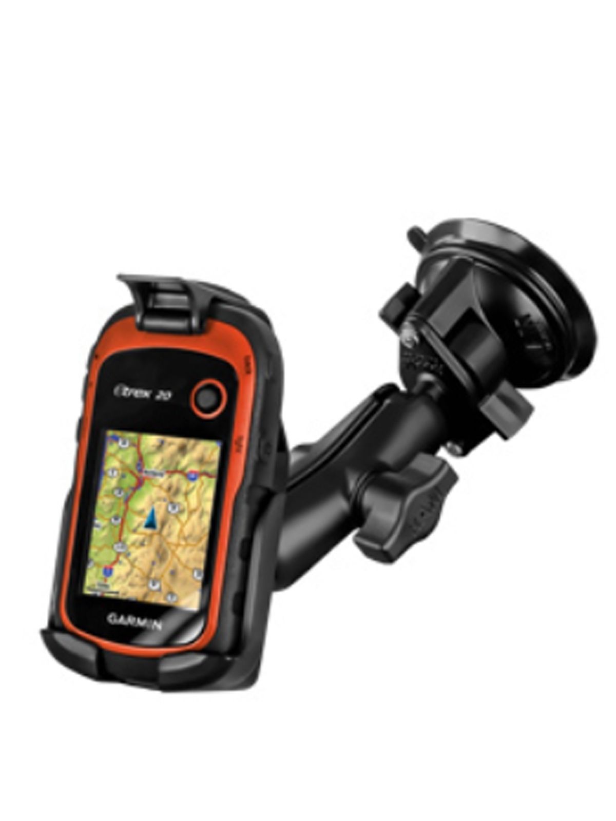 RAM Mounts Verbundstoff Saugfuss-Halterung Garmin eTrex 10/20/30 - 2x Diamond-Basisplatte (Trapez), mittlerer Verbindungsarm, Halteschale, B-Kugel (1 Zoll)