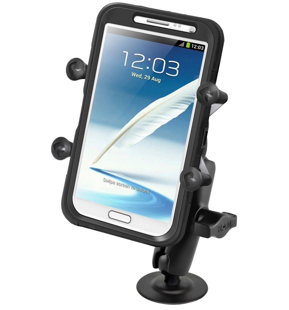 RAM Mounts Aufbau-Klebehalterung mit X-Grip Halteklammer für Smartphones bis 114,3 mm Breite - B-Kugel (1 Zoll), Klebebasis, mittlerer Verbindungsarm