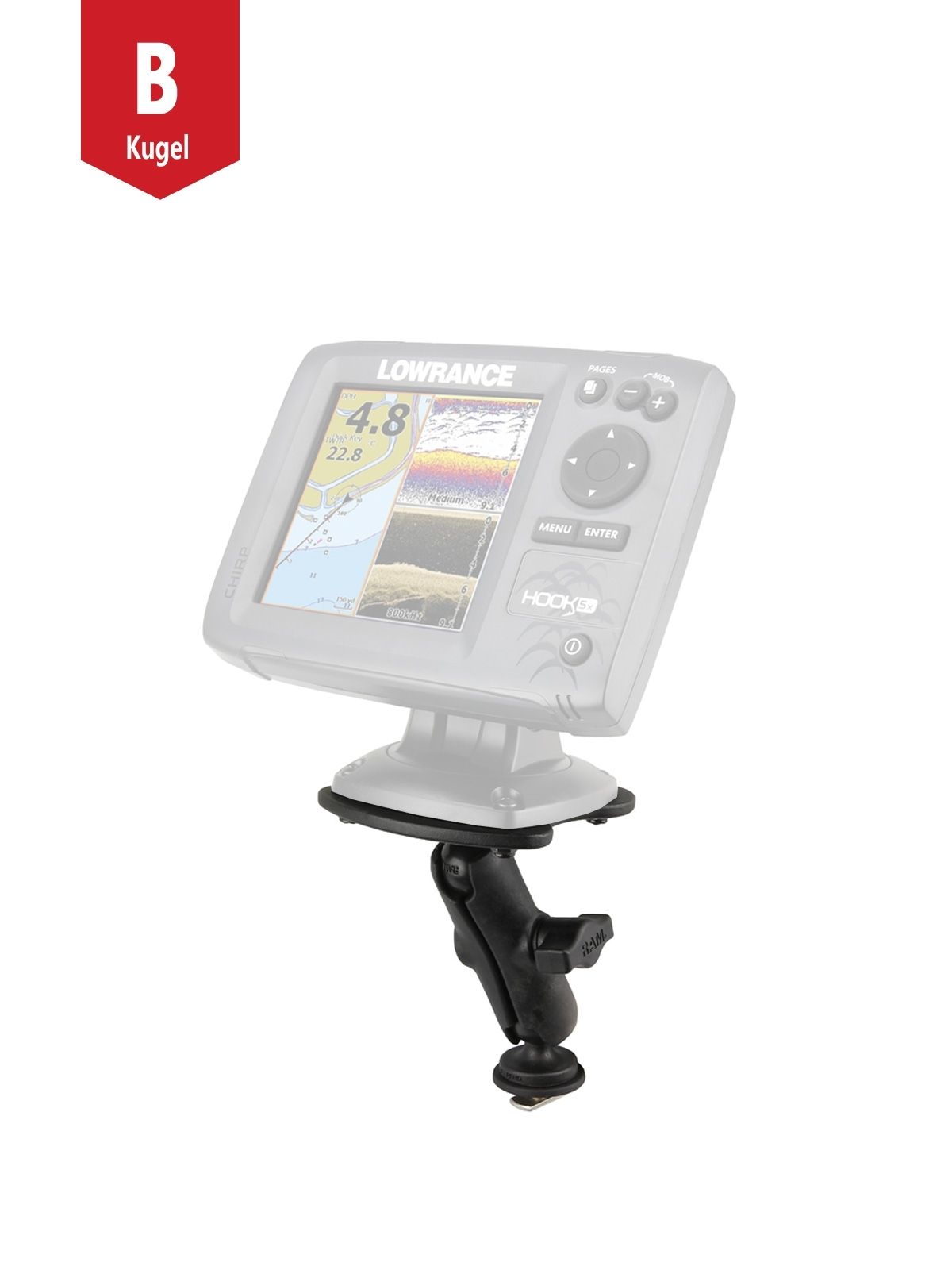 RAM Mounts Marine-Set Humminbird für Tough-Track Schienen - Kugel mit T-Slot, mittlerer Verbindungsarm, Adapterplatte, B-Kugel (1 Zoll), im Polybeutel