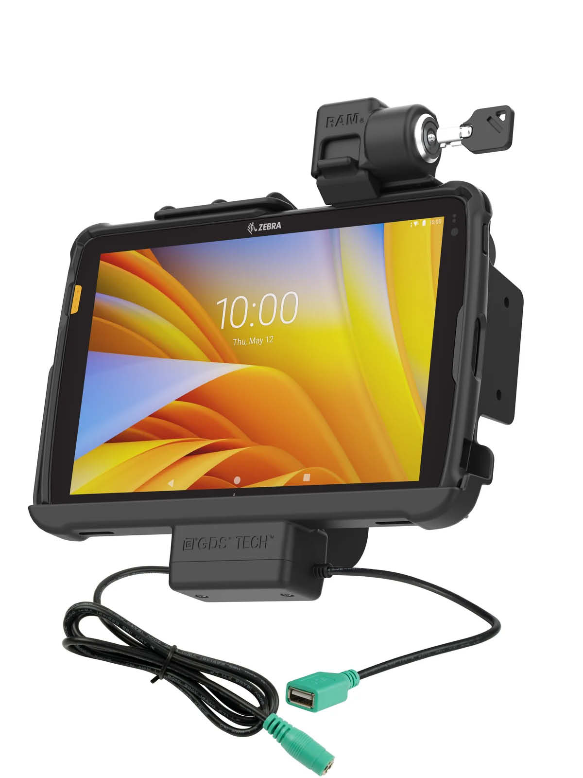 RAM Mounts Form-Fit Halteschale (Schlüsselverriegelung) für Zebra ET40 & ET45 (10“) Tablets - In Rugged Boot - 5.5mm DC & USB-A-Anschluss