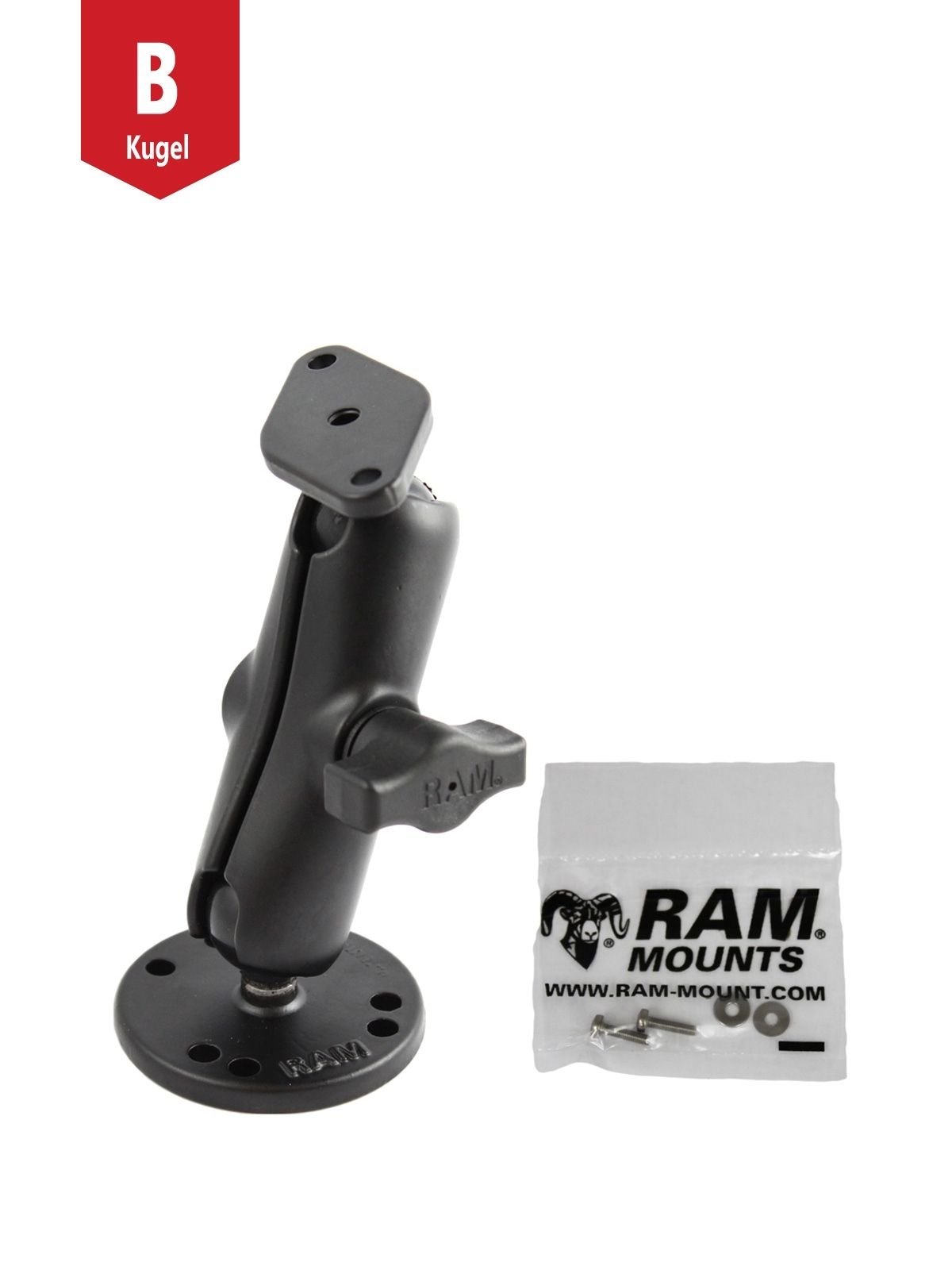 RAM Mounts Aufbau-Halterung TomTom Rider - B-Kugel (1 Zoll), runde Basisplatte (AMPS), mittlerer Verbindungsarm, Schrauben-Set