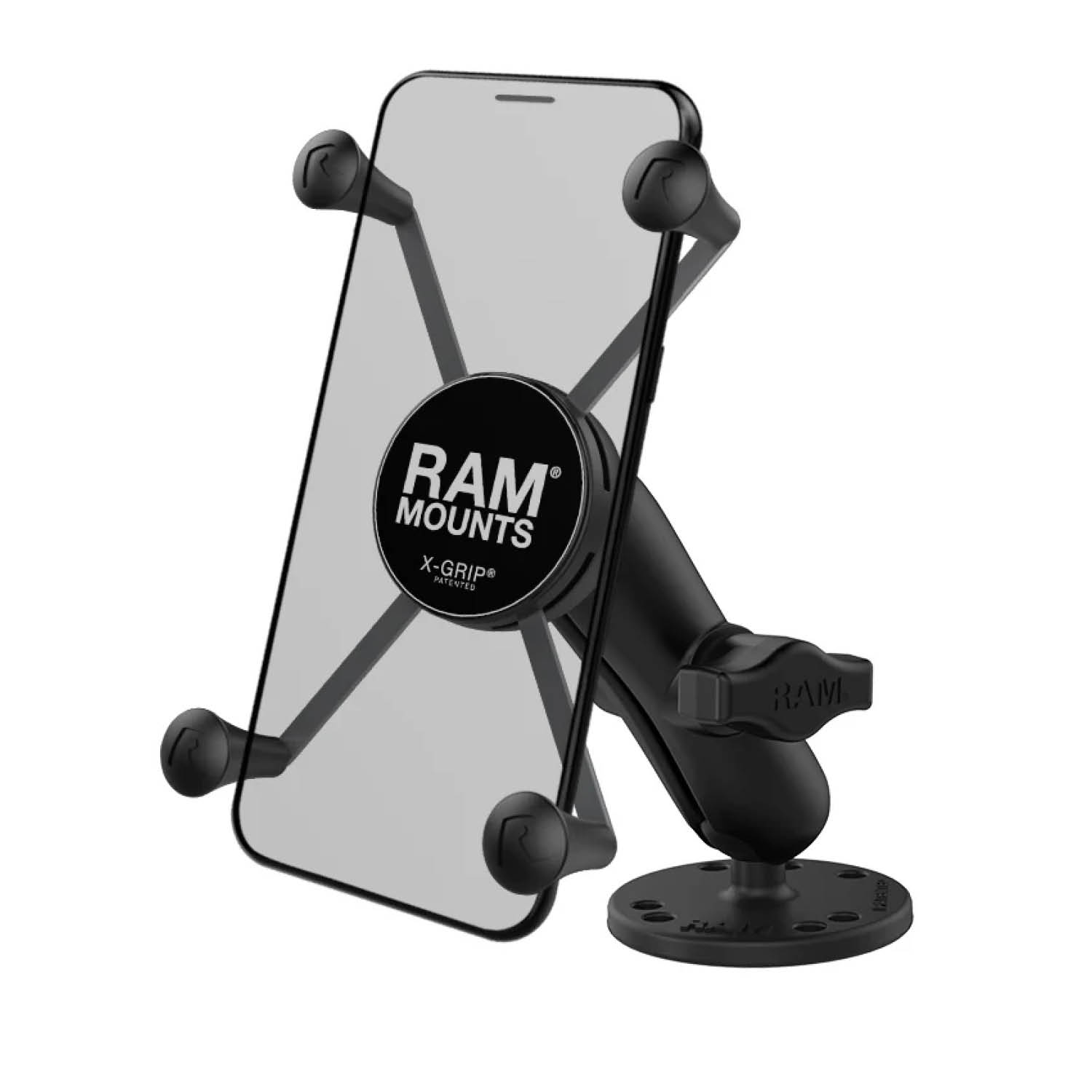 RAM Mounts X-Grip Aufbauhalterung für Smartphones - Bis 114,3 mm Breite - Mittlerer Verbindungsarm - Runde Basisplatte (AMPS) - B-Kugel (1 Zoll) - Schrauben-Set