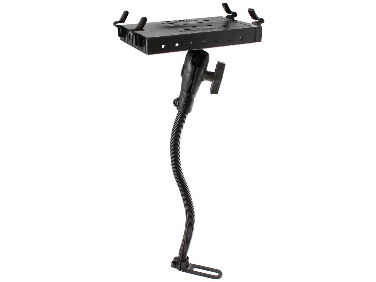 RAM Mounts Pod I Fahrzeug Sitzschienen-Befestigung für Laptops/Drucker - flexibler Stab (ca. 450 mm), runde Basisplatte (C-Kugel, 1,5 Zoll), Tough Tray II Halteschalte