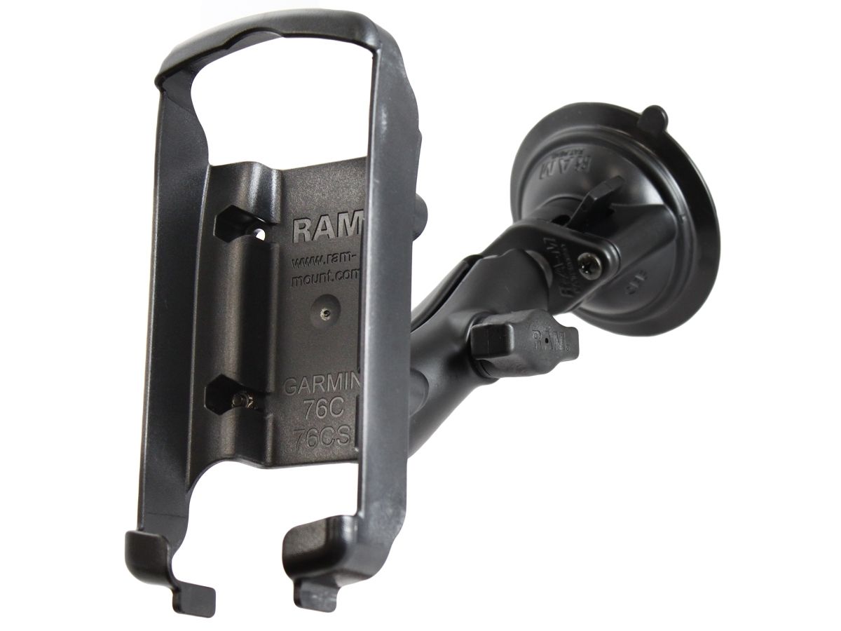 RAM Mounts Saugfuss-Halterung Garmin GPS 76/76C - mittlerer Verbindungsarm, 2x Diamond-Basisplatte (Trapez), Halteschale, B-Kugel (1 Zoll), im Polybeu