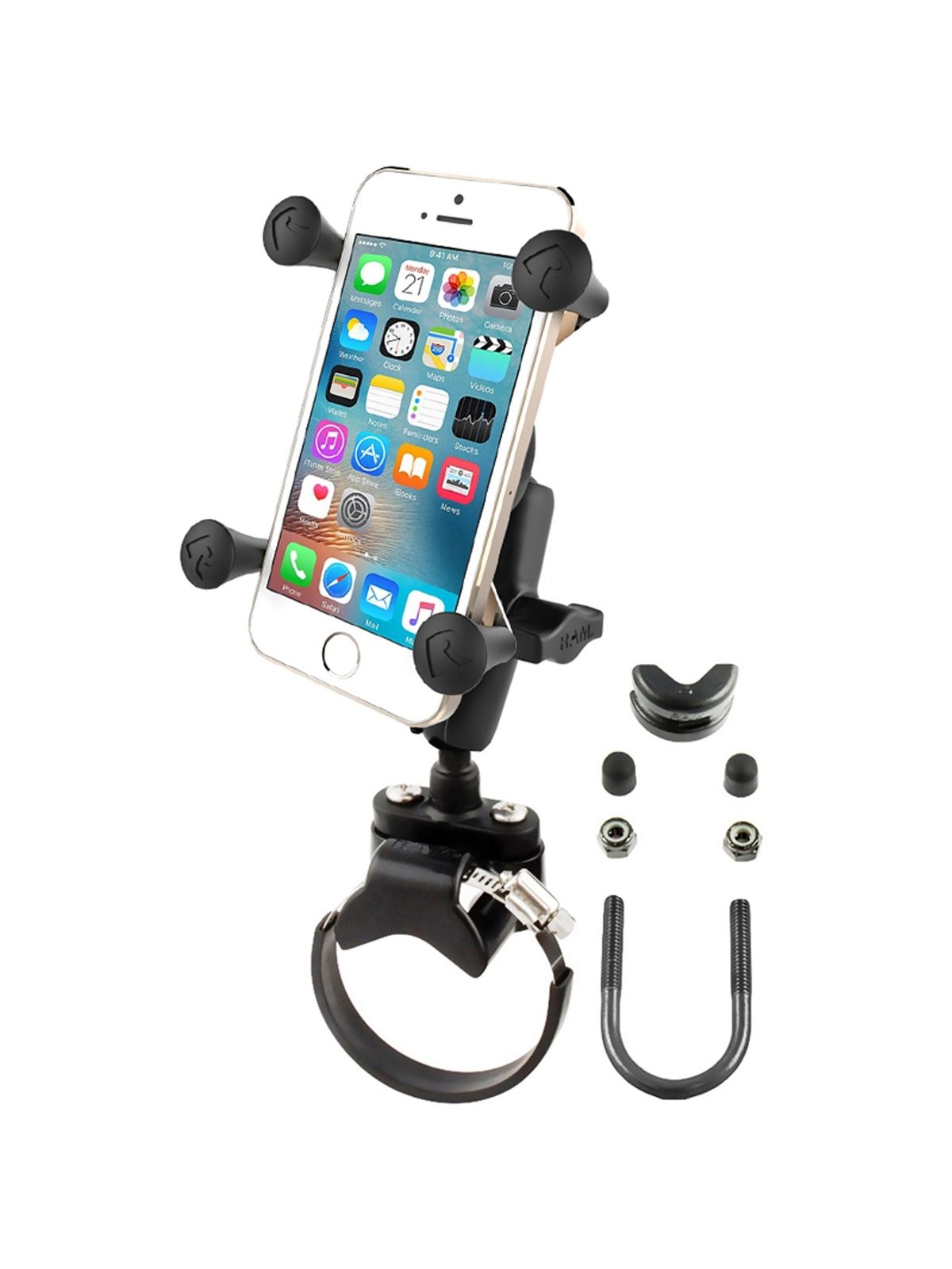 RAM Mounts X-Grip Rohr-Halterung für Smartphones - Bis 82,55 mm Breite - Mittlerer Verbindungsarm - U-Bügel-/Klemmschellen Basis - B-Kugel (1 Zoll) - Schrauben-Set