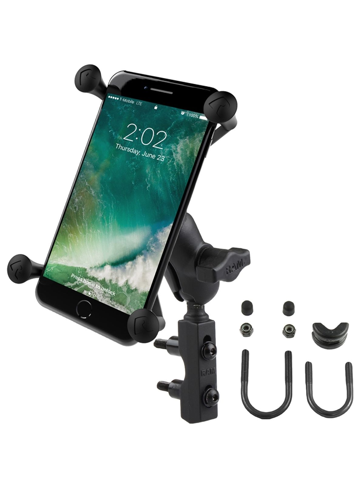 RAM Mounts X-Grip Motorrad-Halterung für Smartphones bis 114,3 mm Breite - B-Kugel (1 Zoll), Basisbefestigung (Lenker/Bremse/Kupplung), kurzer Verbindungsarm