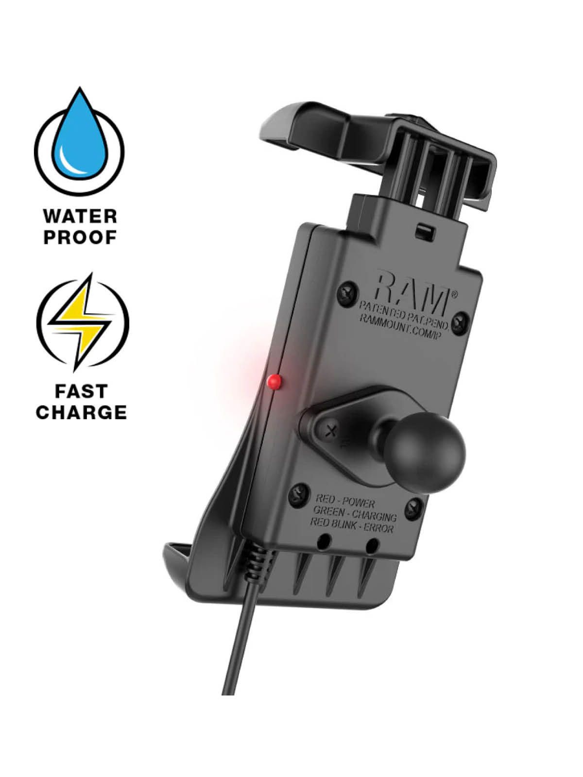 RAM Mounts Quick-Grip Halteschale für Smartphones mit Ladefunktion - B-Kugel (1 Zoll), QI kompatibel, spritzwassergeschützt, USB-A, inkl. Diamond-Basisplatte (Trapez)