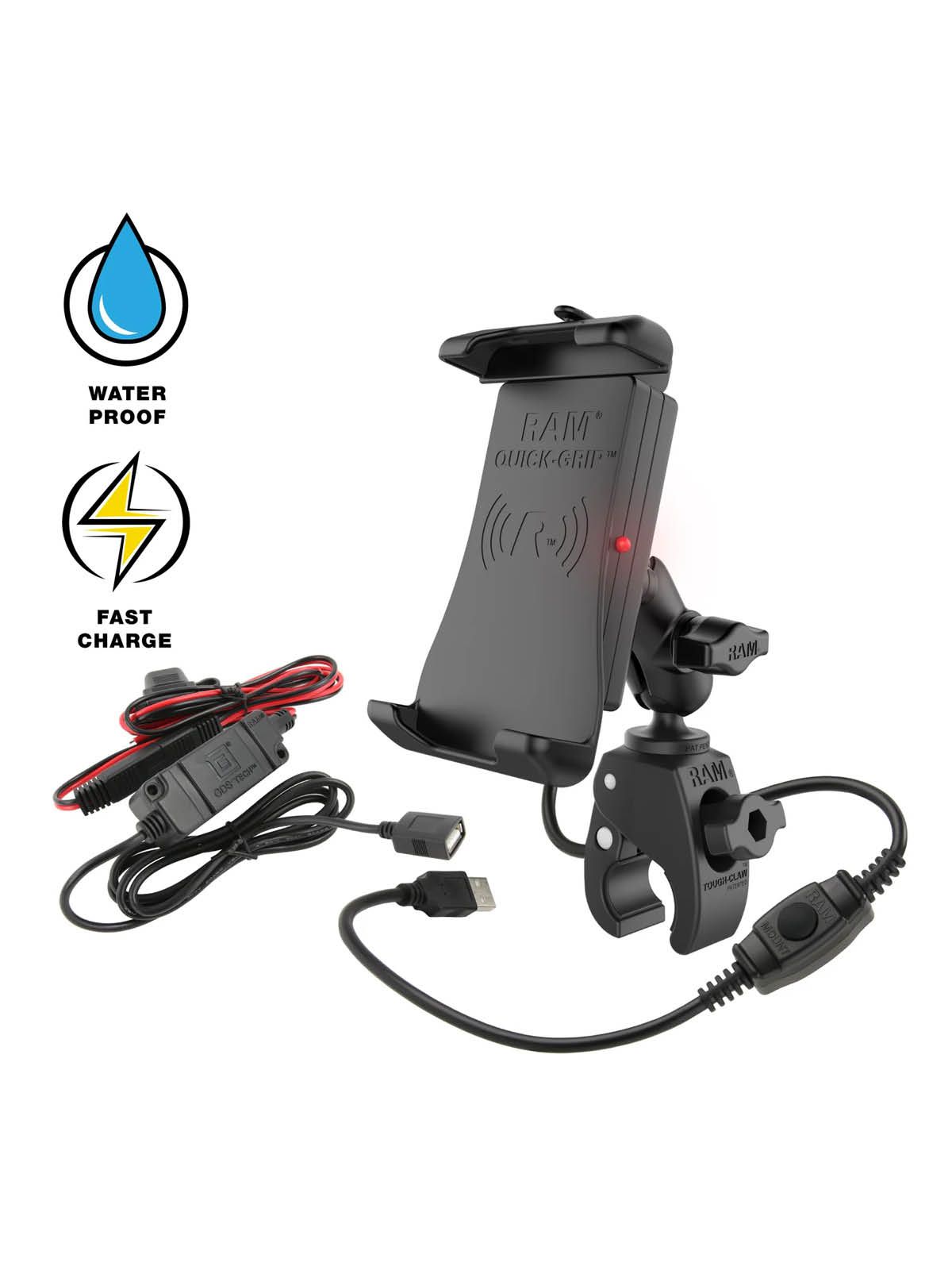RAM Mounts Motorrad-Halterung für Smartphones mit Quick-Grip Halteschale inkl. Ladefunktion - B-Kugel (1 Zoll), QI kompatibel, spritzwassergeschützt, Durchmesser 15,9-29,0 mm