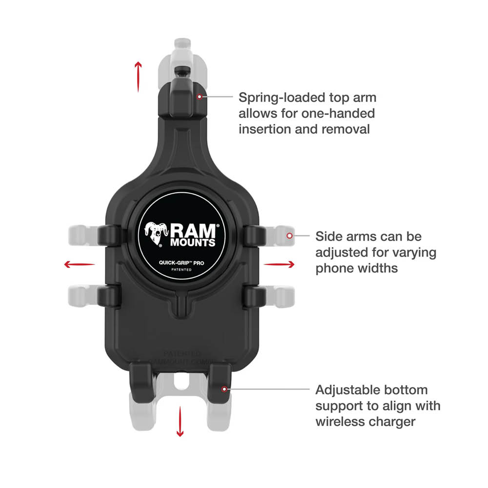 RAM Mounts Quick-Grip™ Pro Universal Halteschale für Smartphones mit Vibrationsdämpfung inkl. Trapez-Basisplatte - B-Kugel (1 Zoll), MagSafe kompatibel