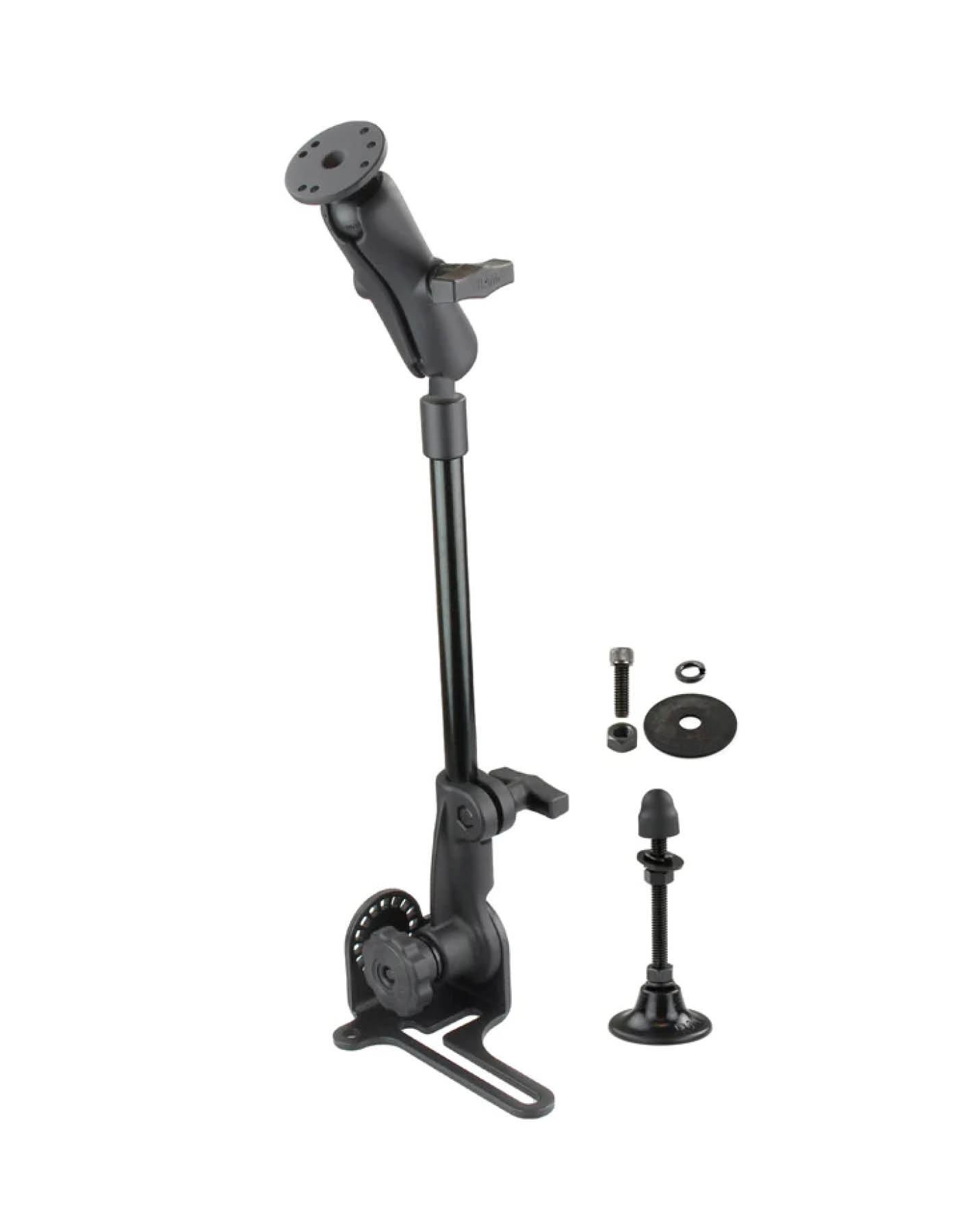 RAM Mounts Pod HD Universal Fahrzeughalterung mit AMPS-Anbindung mit zusätzlichem Standfuss - Ratchet-System (revers), max. 80 cm hoch, mittlerer Verbindungsarm, runde Basisplatte, C-Kugel (1,5 Zoll)