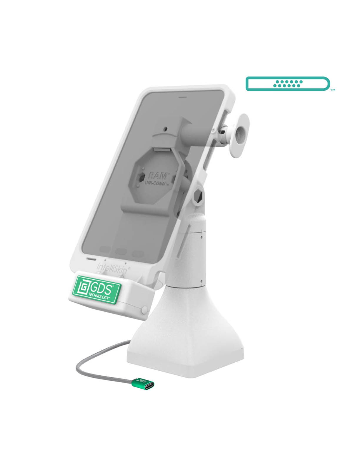 RAM Mounts GDS Uni-Conn Stand-Dockingstation (7 Zoll) mit Lösevorrichtung - Dreh-& Schwenkbar - Pogo-Pads unten - USB-C - hellgrau