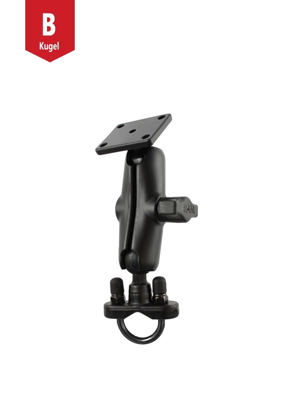 RAM Mounts Motorrad-Set für Lenker und Rundrohr - B-Kugel (1 Zoll) - 1x Rechteckige Basisplatte (AMPS) - Mittlerer Verbindungsarm (ca. 94,74 mm) - 1x U-Bügel Klemmbasis (Klemmbereich 12,7 - 31,75 mm)