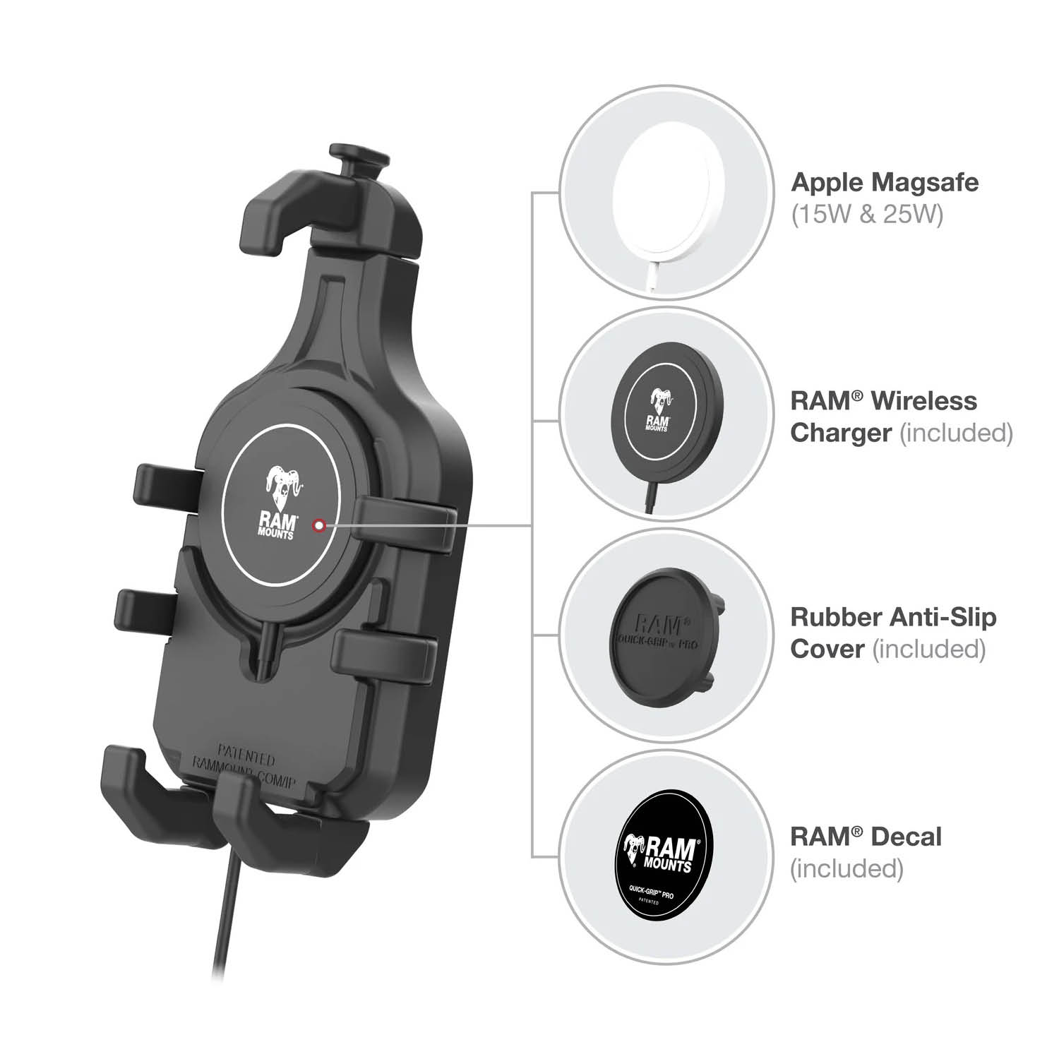 RAM Mounts Quick-Grip Pro Saugfußhalterung für Smartphones inkl. RAM Qi2 Wireless Charger - Bis 95,25 mm Breite - Mag-Safe Kompatible - Trapez-Basiskugel - Mittlerer Verbindungsarm - Saugfuß mit Trapez-Basiskugel - B-Kugel (1 Zoll)