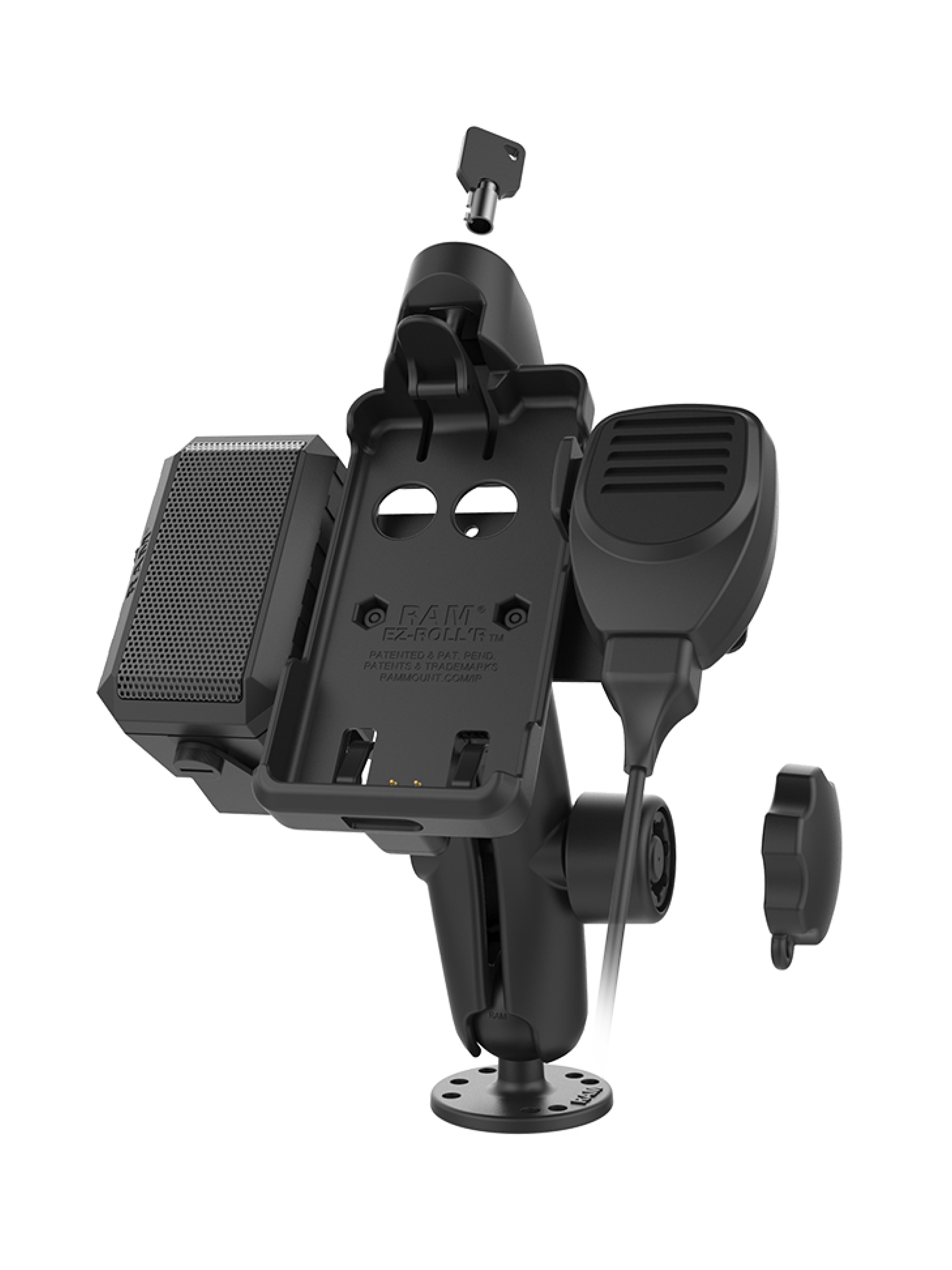 RAM Mounts Aufbau-Halterung Sonim XP8 - C-Kugel (1,5 Zoll), abschließbar, inkl. Lautsprecher u. Kabel, mit runder Basisplatte (AMPS)
