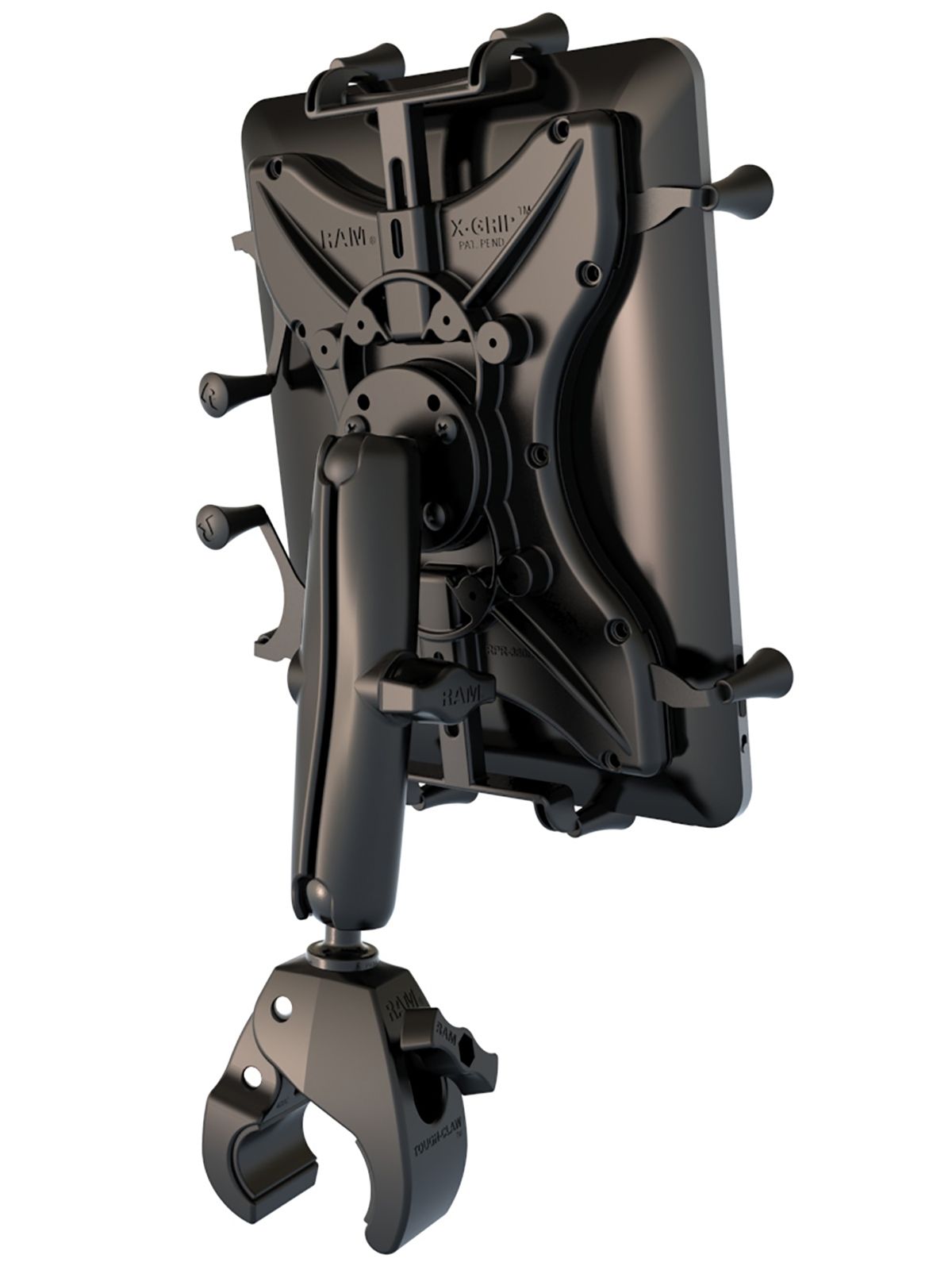 RAM Mounts X-Grip Klemm-Halterung für 9-11 Zoll Tablets - Roto-View Adapter (Drehbar) - Langer Verbindungsarm - Tough-Claw Klein (Durchmesser 15,87 mm bis 28,95 mm) - B-Kugel (1 Zoll)