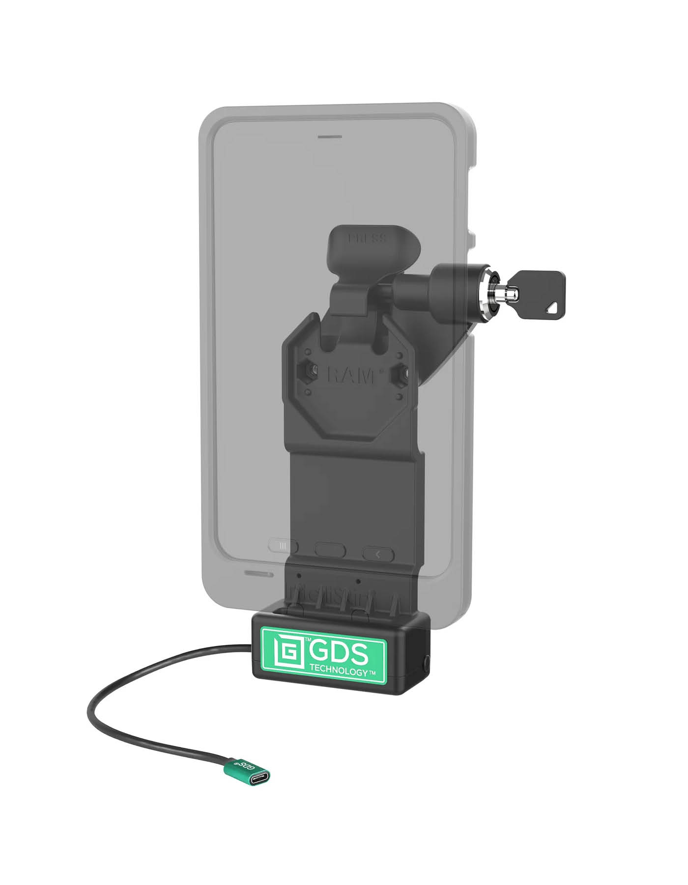 RAM Mounts GDS Uni-Conn Ladestation mit Schlüsselverriegelung (Rechts) - 2-Lochmuster AMPS - USB-C-Anschluss - Schrauben-Set