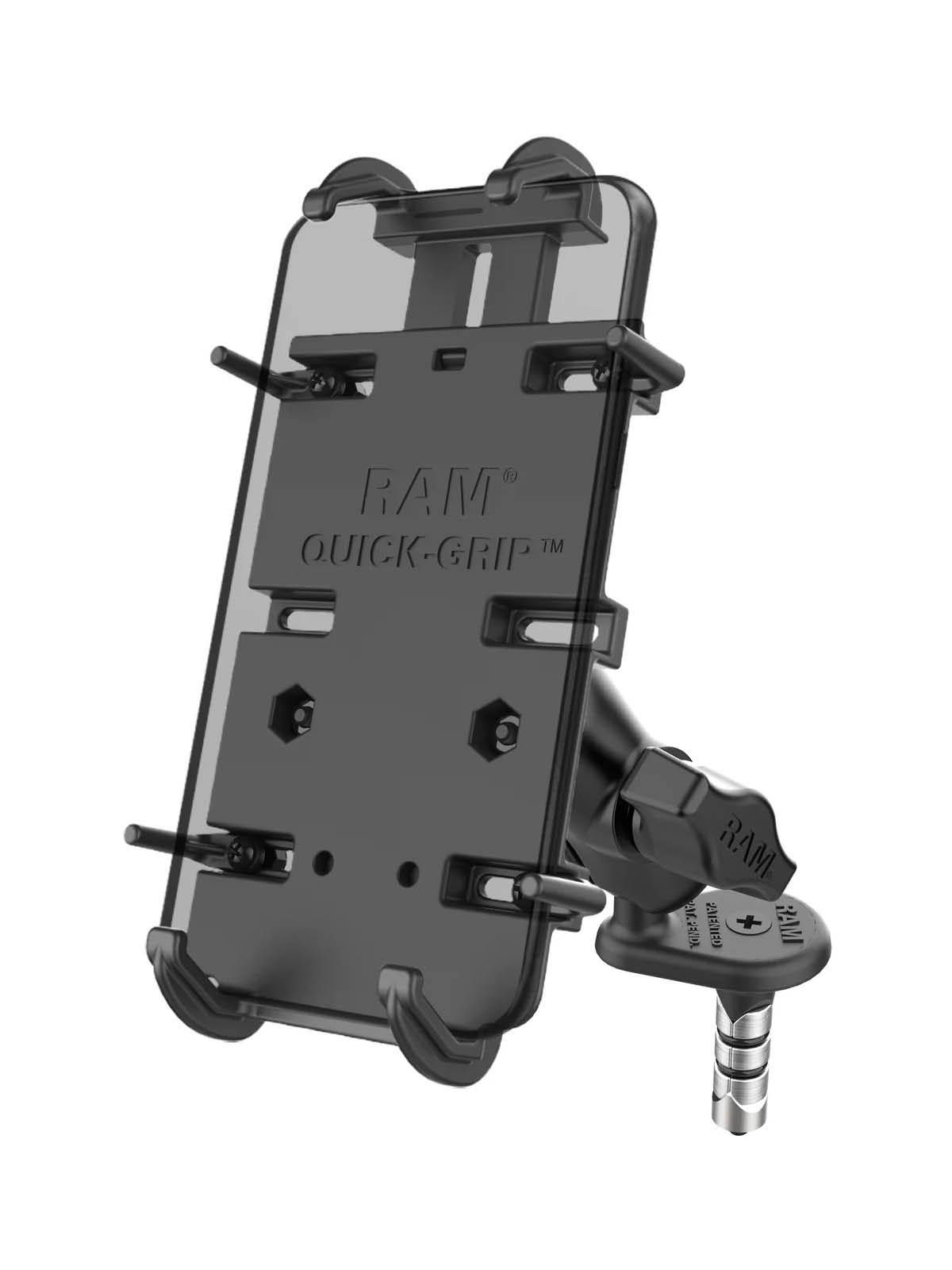 RAM Mounts Quick-Grip XL Motorrad-Halterung für Smartphones - B-Kugel (1 Zoll), Lenkerkopf-Basis (12-18 mm), kurzer Verbindungsarm