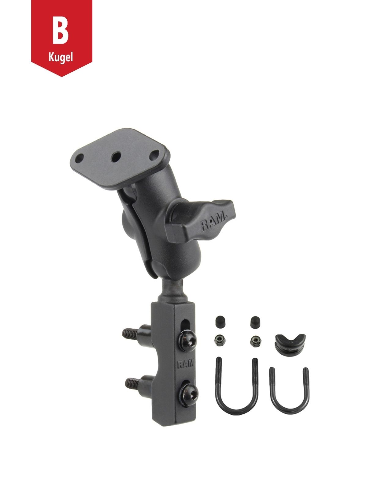 RAM Mounts Motorrad-Set für Lenker, Bremse & Kupplung - B-Kugel (1 Zoll) - 1x Diamond (Trapez) Basisplatte (AMPS) - Kurzer Verbindungsarm (ca. 61,46 mm) - 1x U-Bügel Basis (Klemmbereich 12,7 - 31,75 mm)