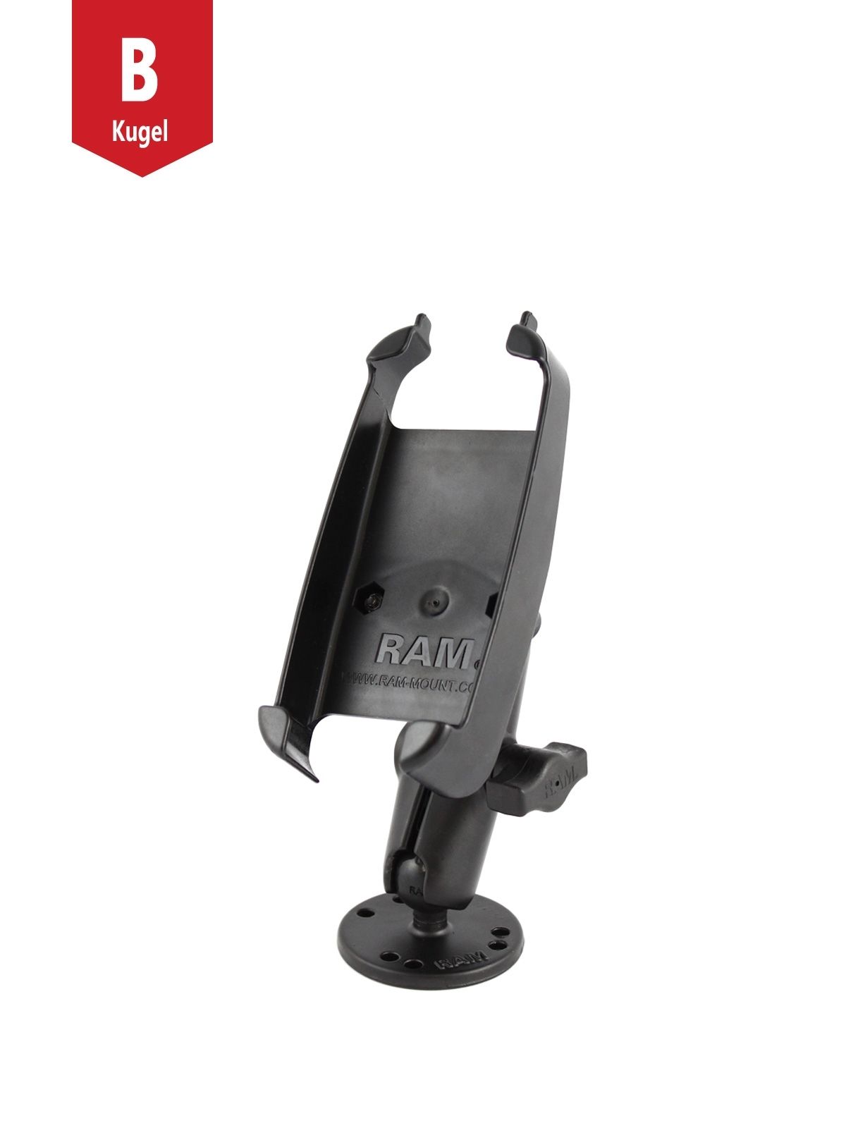 RAM Mounts Aufbau-Halterung Lowrance iFinder H20 / Hunt - B-Kugel (1 Zoll), runde Basisplatte (AMPS), mittlerer Verbindungsarm