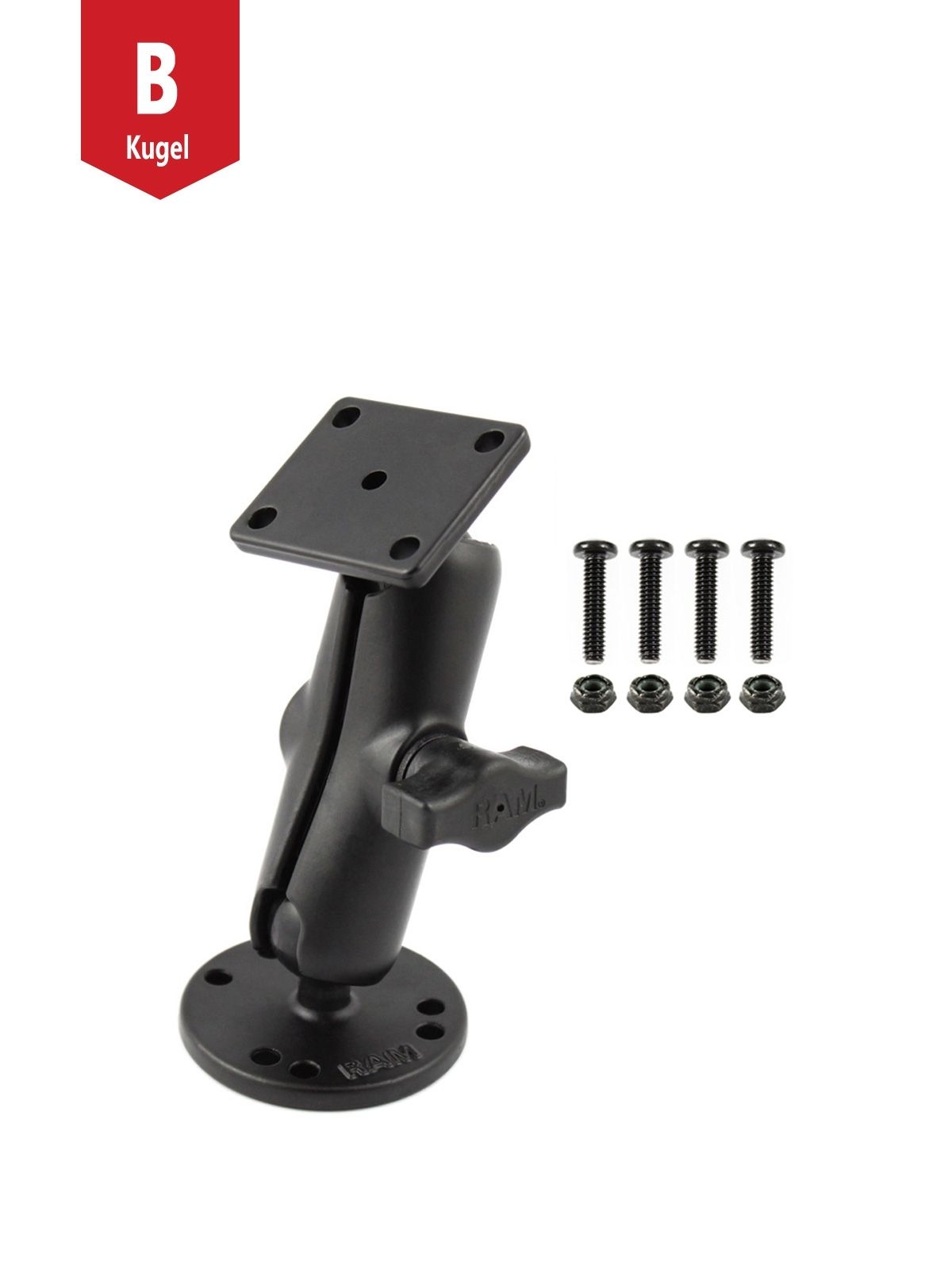 RAM Mounts Aufbau-Set Garmin GPSMAP 600 Serie - B-Kugel (1 Zoll), runde Basisplatte (AMPS), mittlerer Verbindungsarm, rechteckige Basisplatte, Schrauben-Set