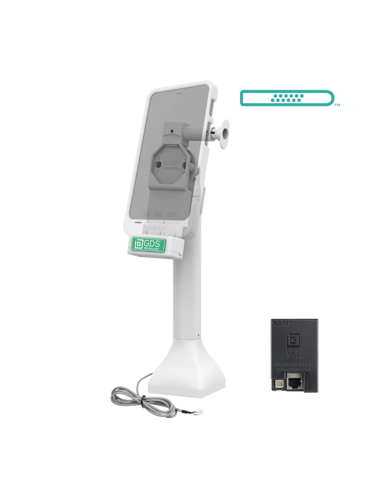RAM Mounts GDS Uni-Conn Stand-Dockingstation (14 Zoll) mit Lösevorrichtung - Dreh-& Schwenkbar - Strom über PoE - Pogo-Pads unten - hellgrau