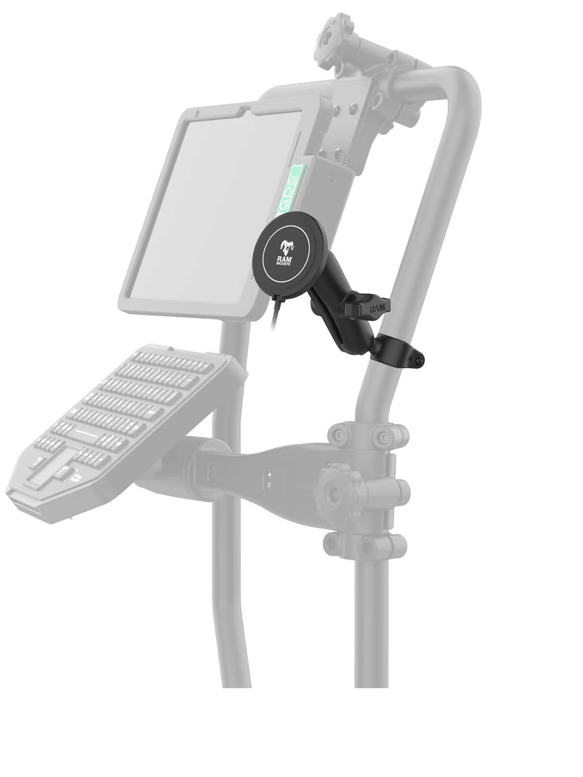 RAM Mounts Rohr-Befestigungsset mit RAM Qi2 Wireless Charger - Klemmbereich 19,1-25,4 mm - Mittlerer Verbindungsarm (Gesamtlänge: 94,74 mm) - Qi2/MagSafe Adapter - B-Kugel (1 Zoll)