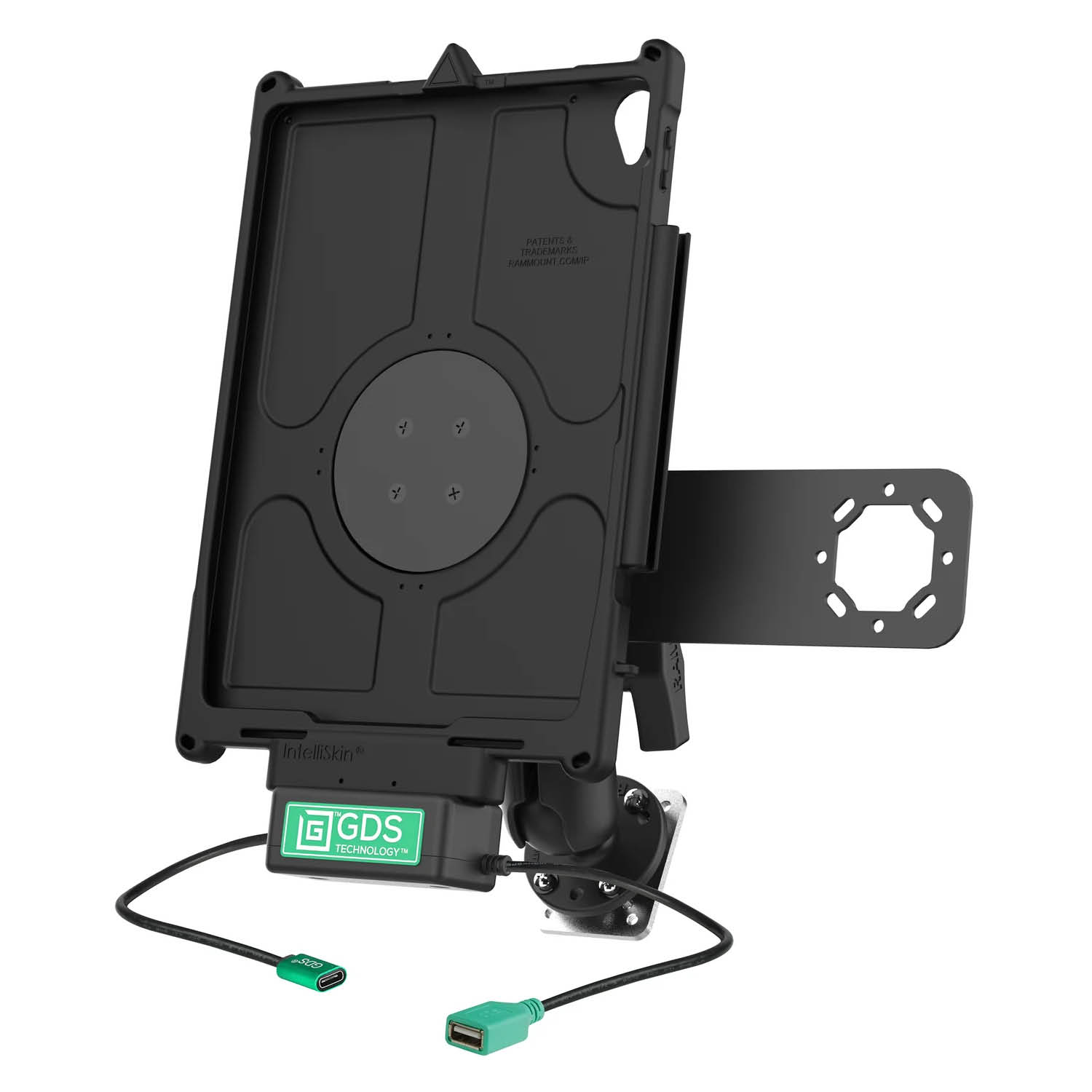 RAM Mounts GDS Uni-Conn Fahrzeug-Ladestation für Apple iPad 10./11. Gen. mit Aina PTT Vorrichtung - C-Kugel (1,5 Zoll), 4-Loch AMPS