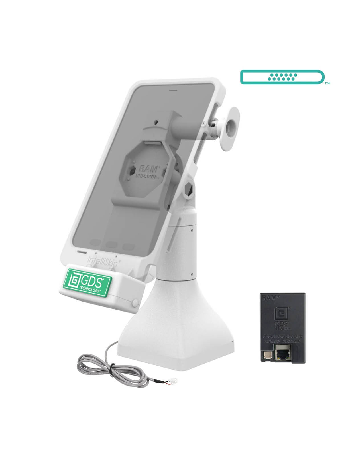 RAM Mounts GDS Uni-Conn Stand-Dockingstation (7 Zoll) mit Lösevorrichtung - Dreh-& Schwenkbar - Pogo-Pads unten - Strom über PoE - hellgrau
