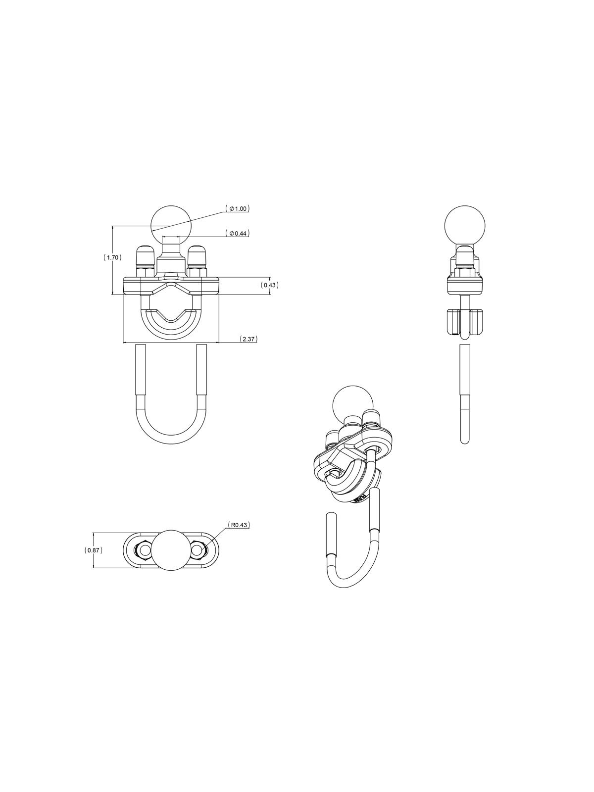 RAM Mounts Schraub-Klemme - B-Kugel (1 Zoll), für Durchmesser 12,7-25,4 mm, Durchmesserverkleinerer