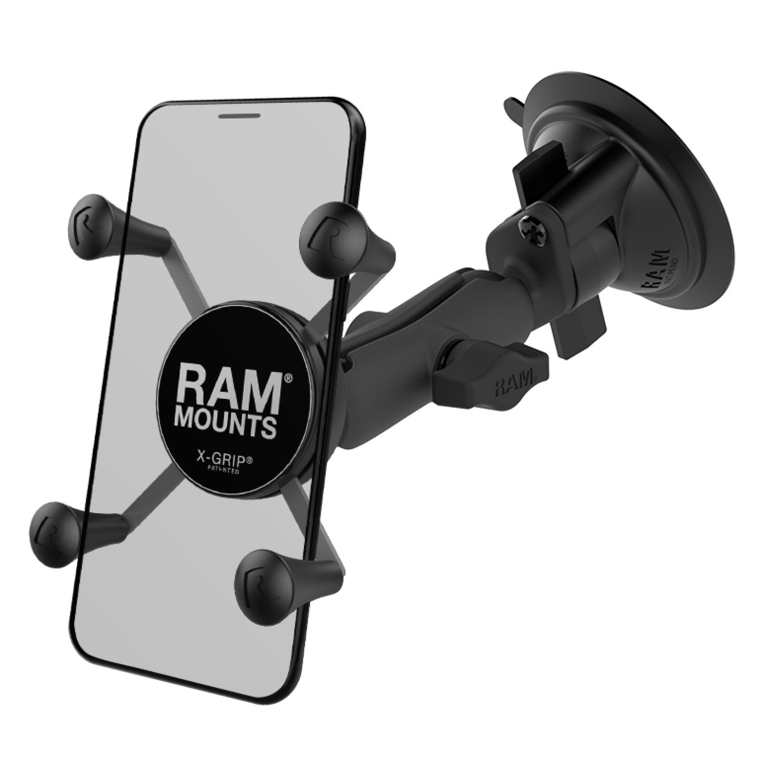 RAM Mounts X-Grip Saugfuß-Halterung für Smartphones (Verbundstoff) - Bis 82,55 mm Breite - Mittlerer Verbindungsarm - Saugfuß mit Trapez-Basiskugel - B-Kugel (1 Zoll) - Schrauben-Set