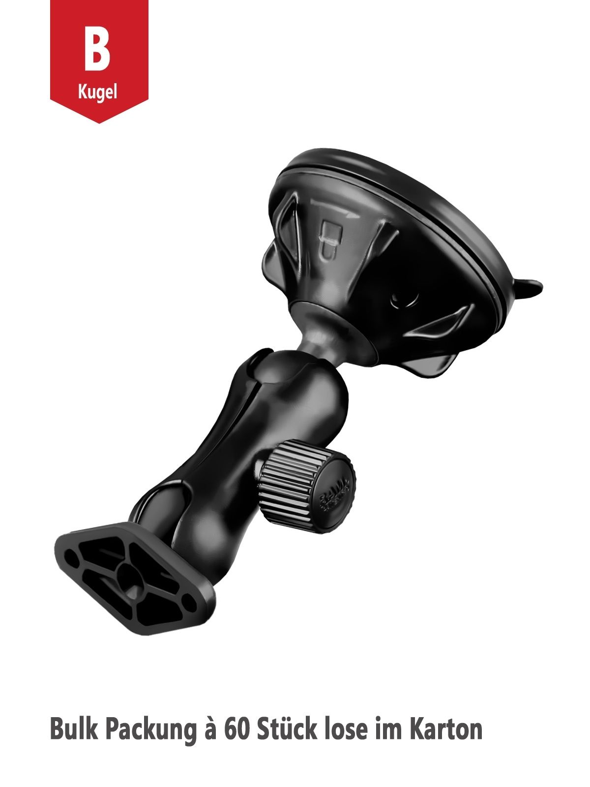 RAM Mounts Verbundstoff Saugfuss-Set mit Diamond-Anbindung (Trapez) - kurzer Verbindungsarm (ca. 50 mm), B-Kugel (1 Zoll), Bulk Packung à 60 Stück (lose im Karton)