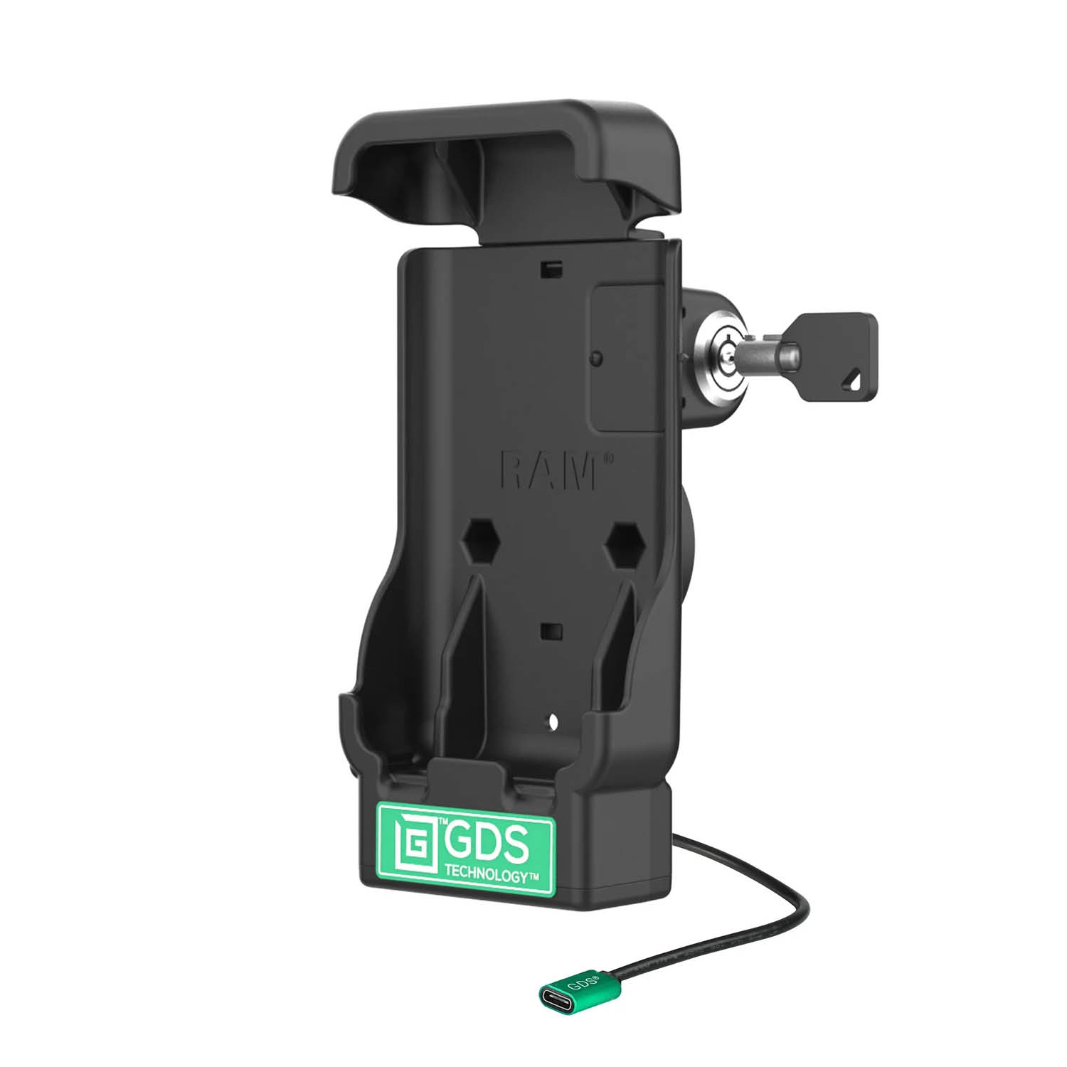 RAM Mounts GDS Universal Fahrzeug-Ladehalteschale (Schlüsselverriegelung) für Handhelds in IntelliSkin Schutzhülle (mit externen USB-C-Anschluss) - USB-C-Anschluss - 2-Loch AMPS - GDS Technologie