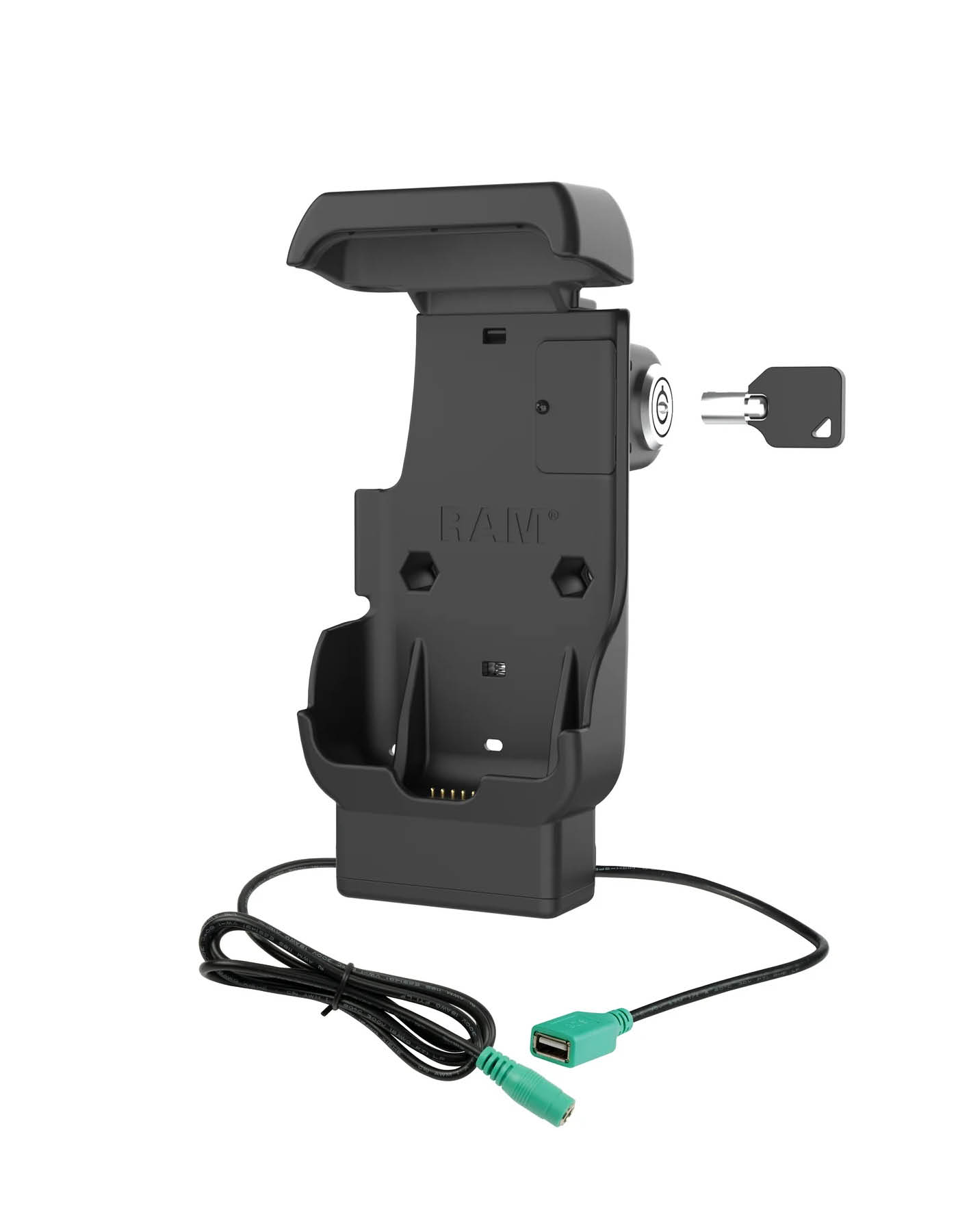 RAM Mounts Ladestation für Honeywell CT40/45/47 - abschließbar, 5,5 mm Klinke Eingang, USB-A Ausgang, 2-Loch AMPS Aufnahme