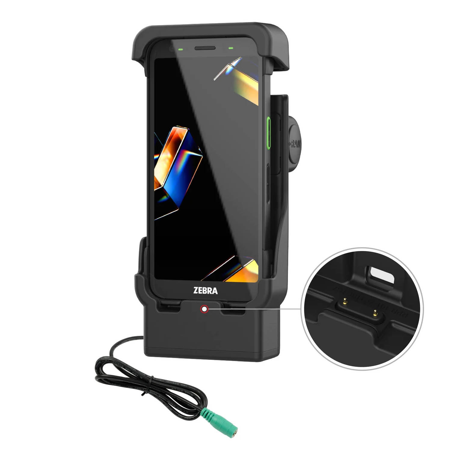 RAM Mounts Form-Fit Holder with Pogo-Pins for Zebra TC701 - 2-Loch AMPS - 5.5mm DC Power Supply