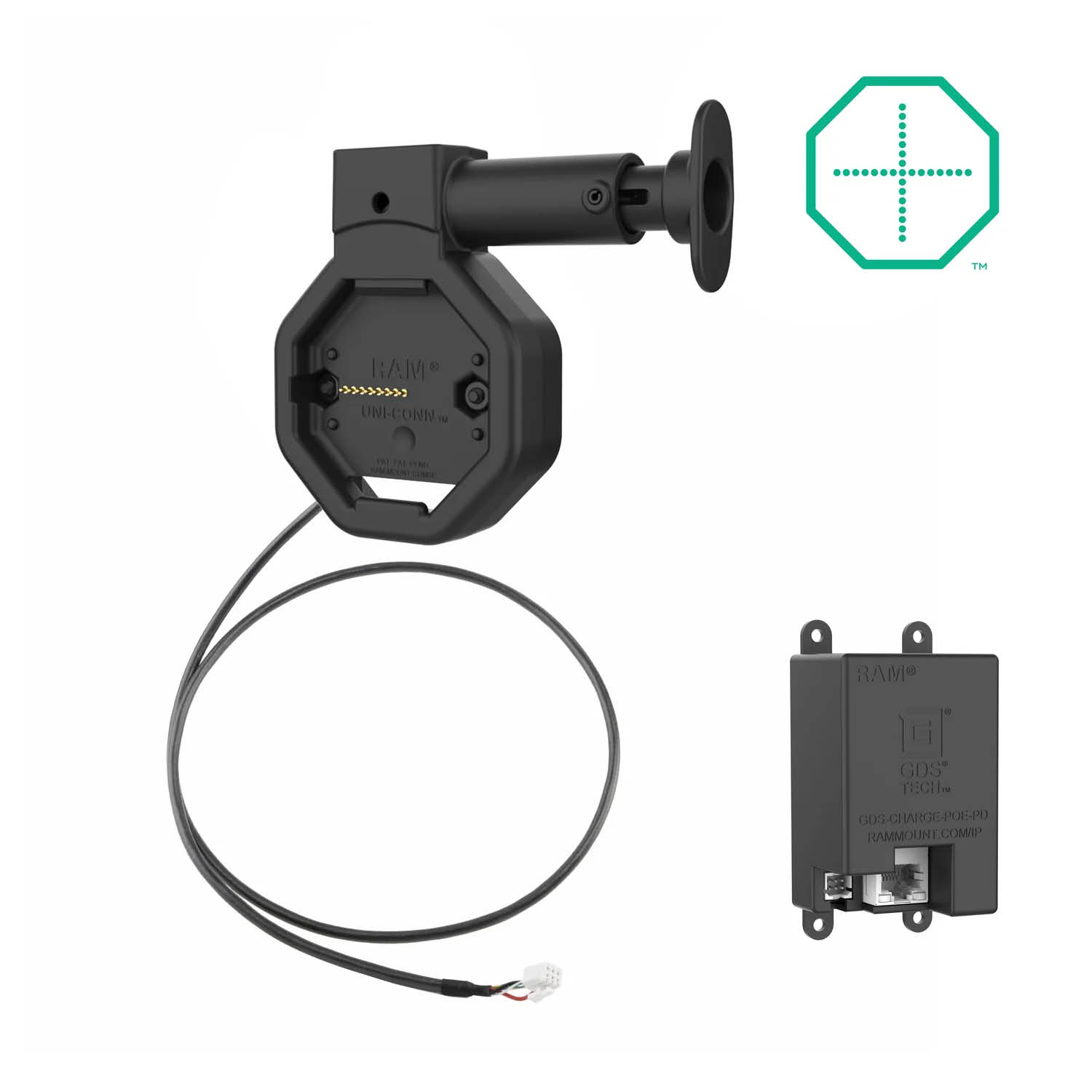 RAM Mounts GDS Uni-Conn Snap-In Ladesockel mit Lösevorrichtung - 2-Loch AMPS - RJ45-Anschluss - PoE zu PD-Lademodul - Schrauben-Set