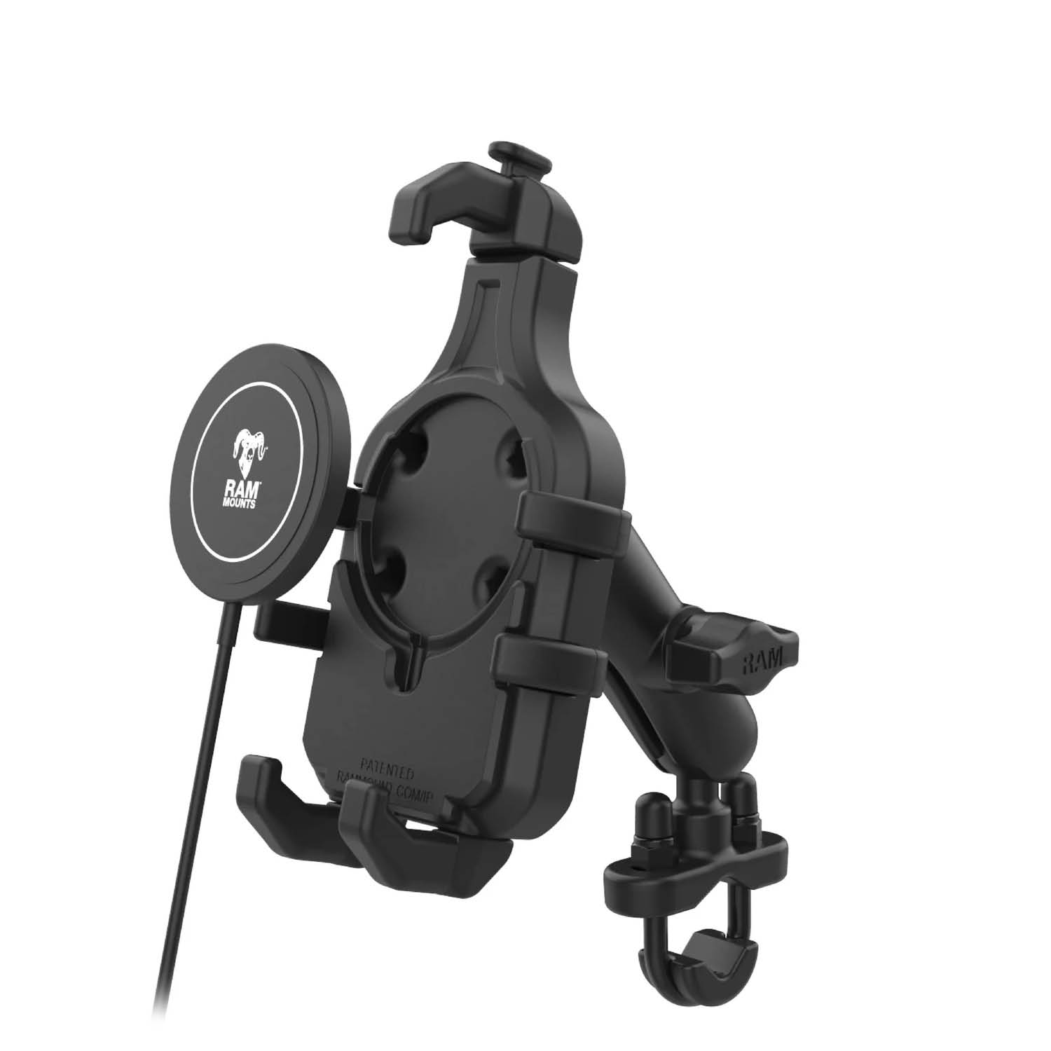 RAM Mounts Quick-Grip Pro Lenker- & Rundrohr-Set inkl. Qi2 15 W Wireless Charger - B-Kugel (1 Zoll), mittlerer Verbindungsarm (ca. 95 mm), für Durchmesser 12,7-31,8 mm