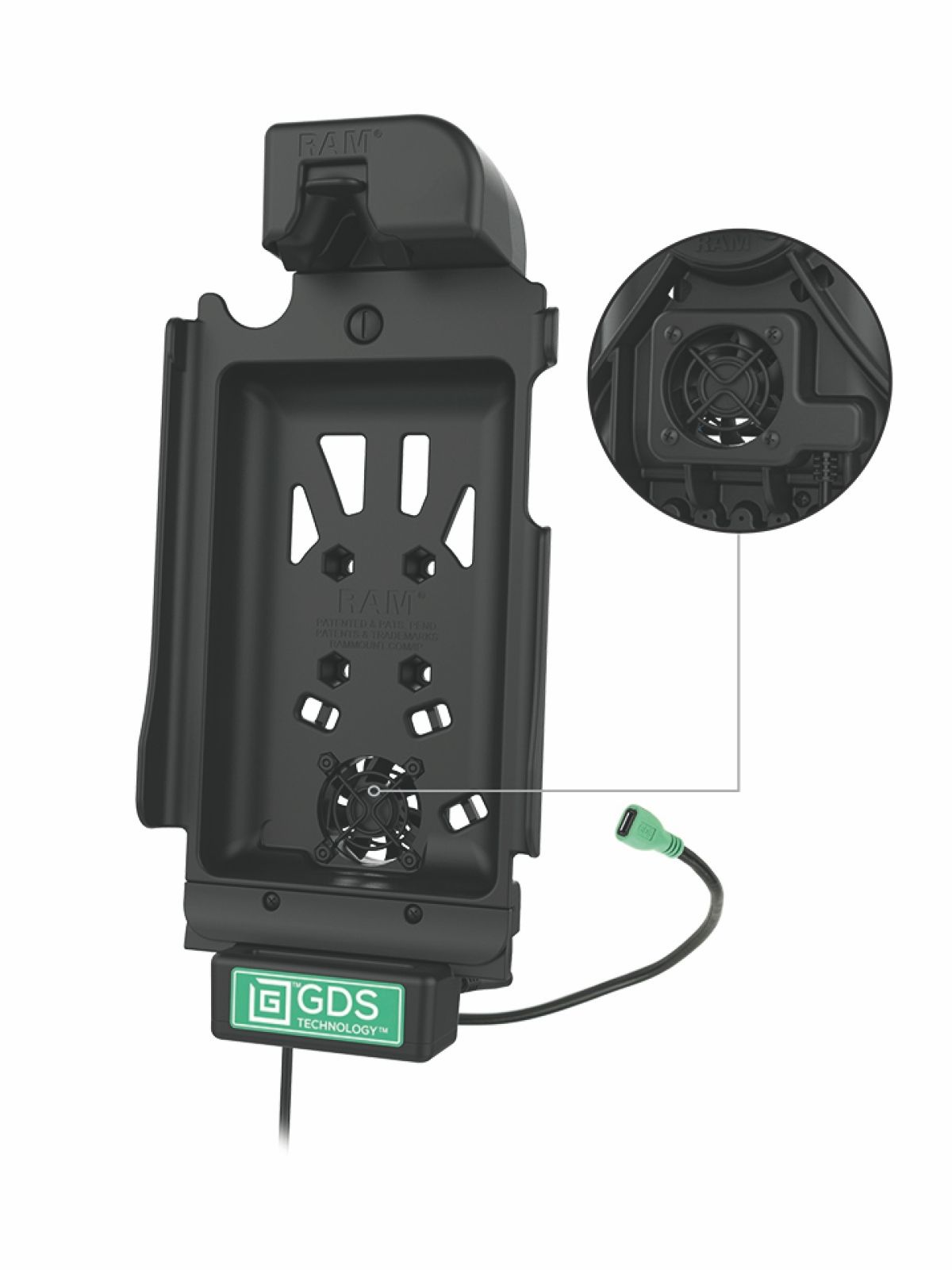 RAM Mounts GDS Dockingstation mit Kühlung für Samsung Tab Active 2 in IntelliSkin-Lade-/Schutzhüllen - USB-C-Stromanbindung, Ventilator, AMPS-Anbindung