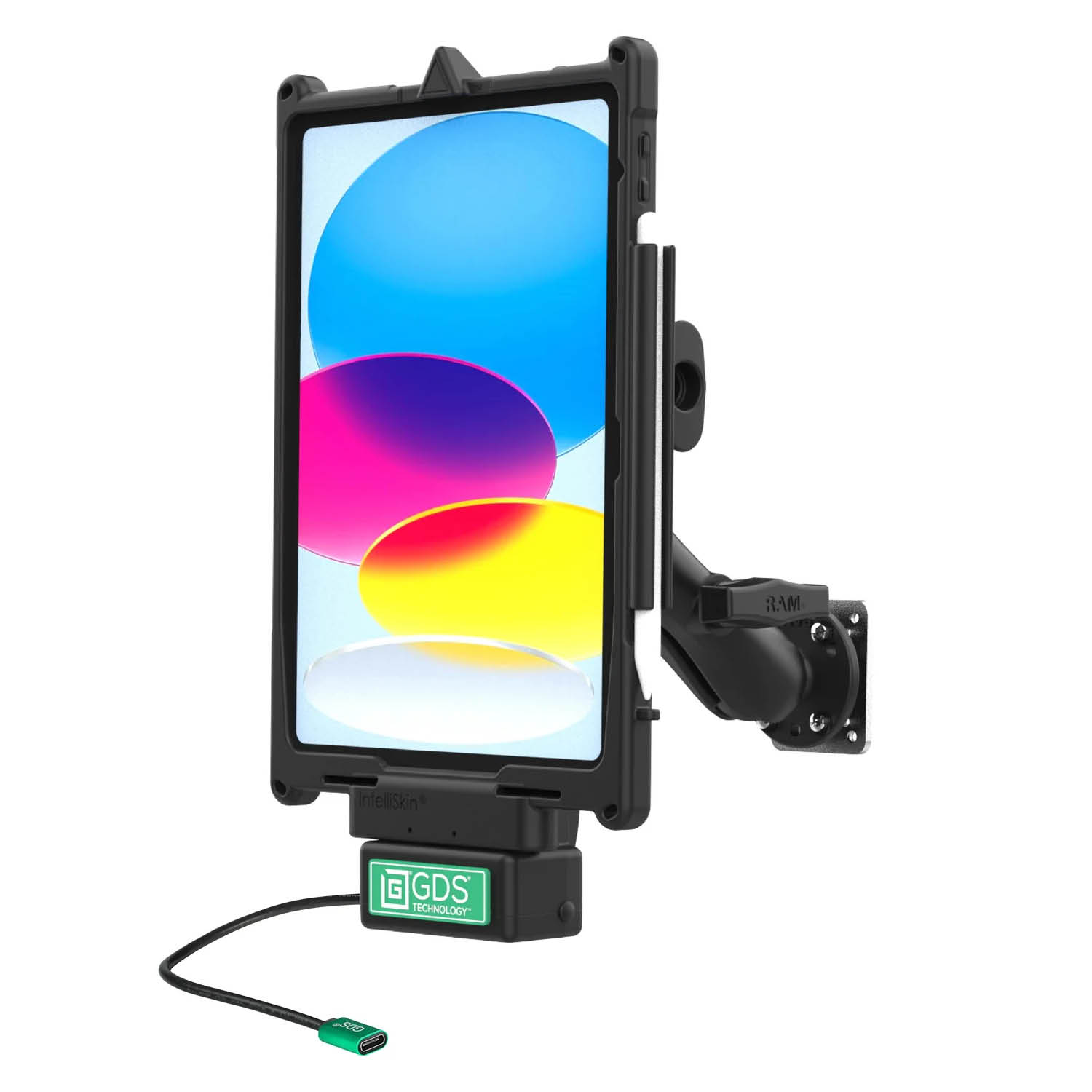RAM Mounts GDS Uni-Conn Fahrzeug-Ladestation für Apple iPad 10./11. Gen. - C-Kugel (1,5 Zoll), Stahl-Verstärkungsplatte (53,34 x 66,04 mm), USB-C-Anschluss, 4-Loch AMPS