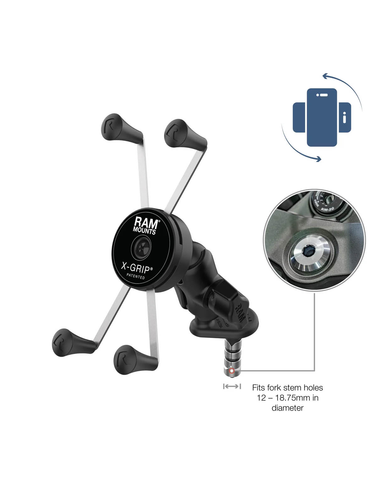 RAM Mounts X-Grip Motorrad-Halterung für Smartphones bis 114,3 mm Breite mit Rotation - B-Kugel (1 Zoll), Lenkerkopf-Basis (12-18 mm), kurzer Verbindungsarm
