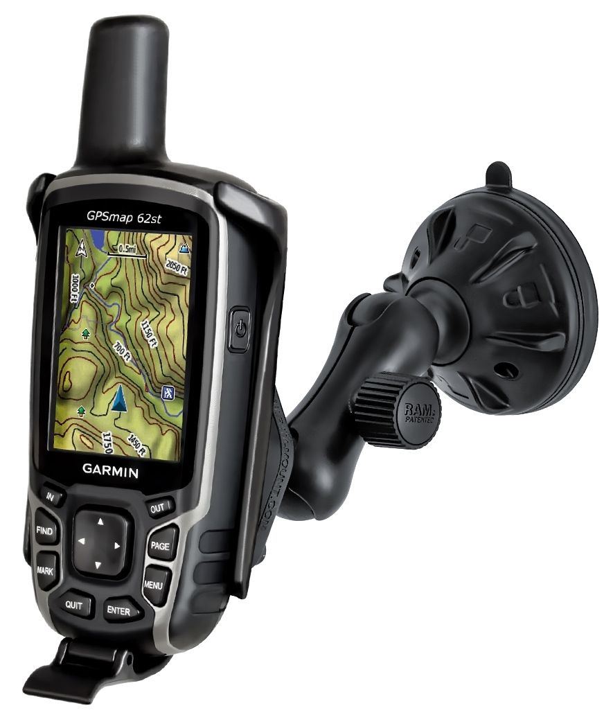 RAM Mounts Verbundstoff Saugfuss-Halterung Garmin GPSMAP 62/64 - kurzer Verbindungsarm (ca. 50 mm), Diamond-Basisplatte (Trapez), Halteschale, B-Kugel (1 Zoll)