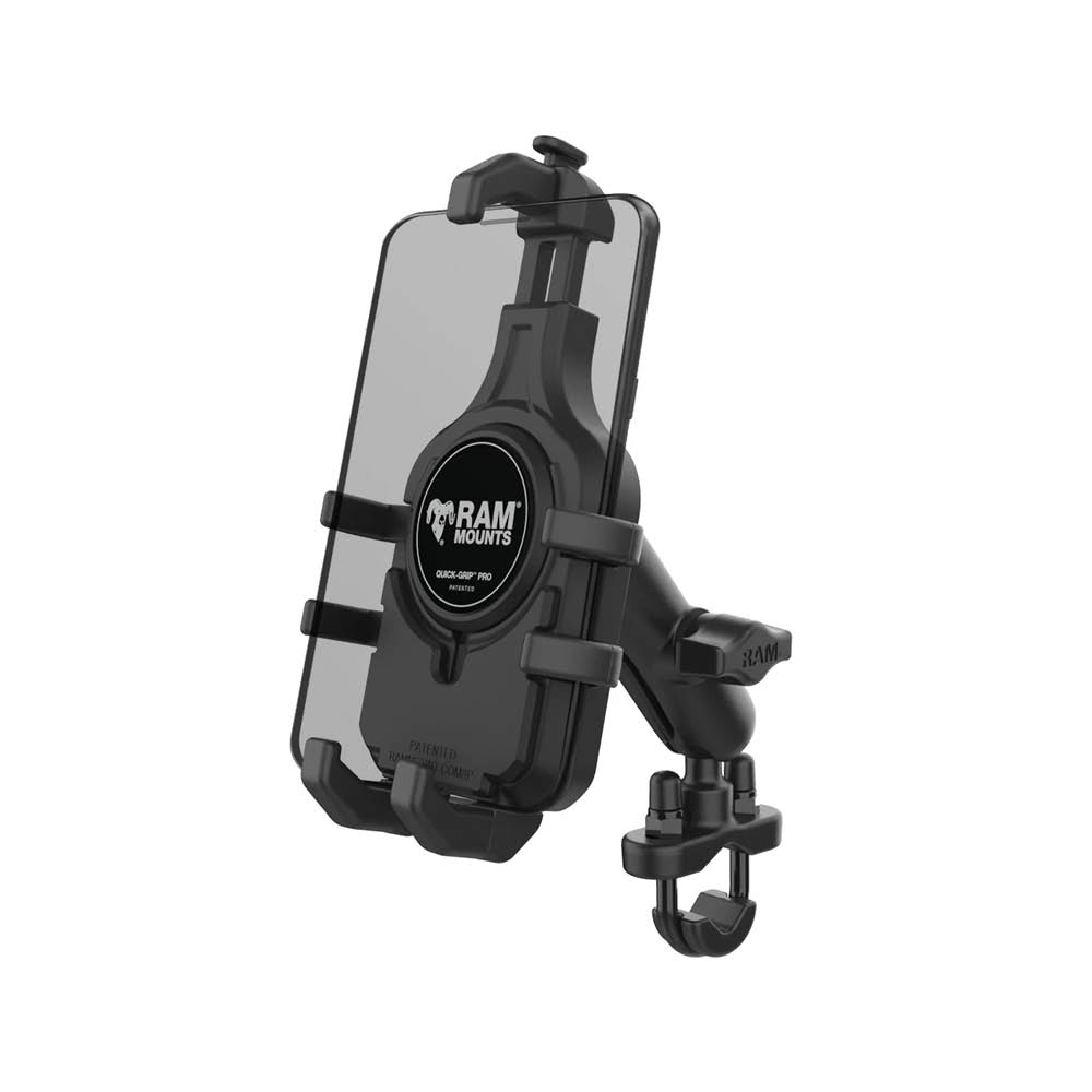 RAM Mounts Quick-Grip™ Pro Universal Lenker-/Rohr-Halterung - B-Kugel (1 Zoll), Schraub-Klemme (12,7-31,8 mm), mittlerer Verbindungsarm, MagSafe kompatibel