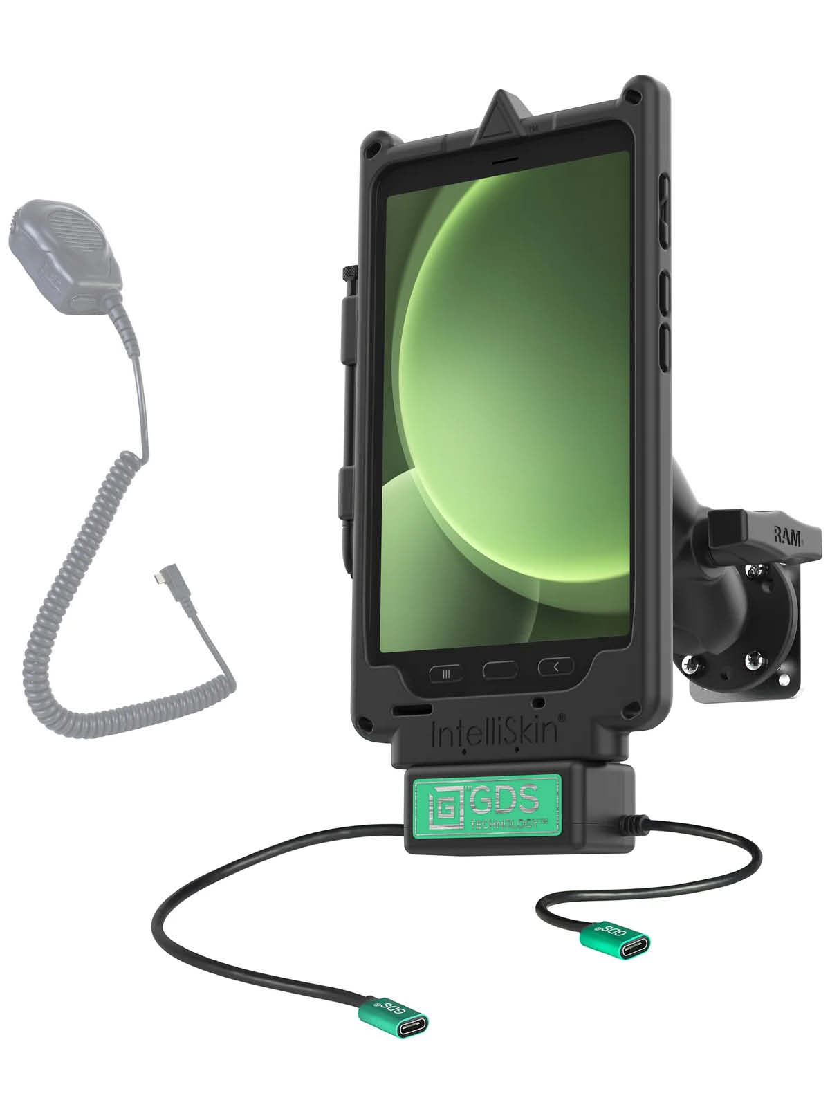 RAM Mounts GDS Uni-Conn Klein VALOR PTT Fahrzeug-Kit für Samsung Tab Active5 - Dual USB-C-Anschluss - C-Kugel (1,5 Zoll)