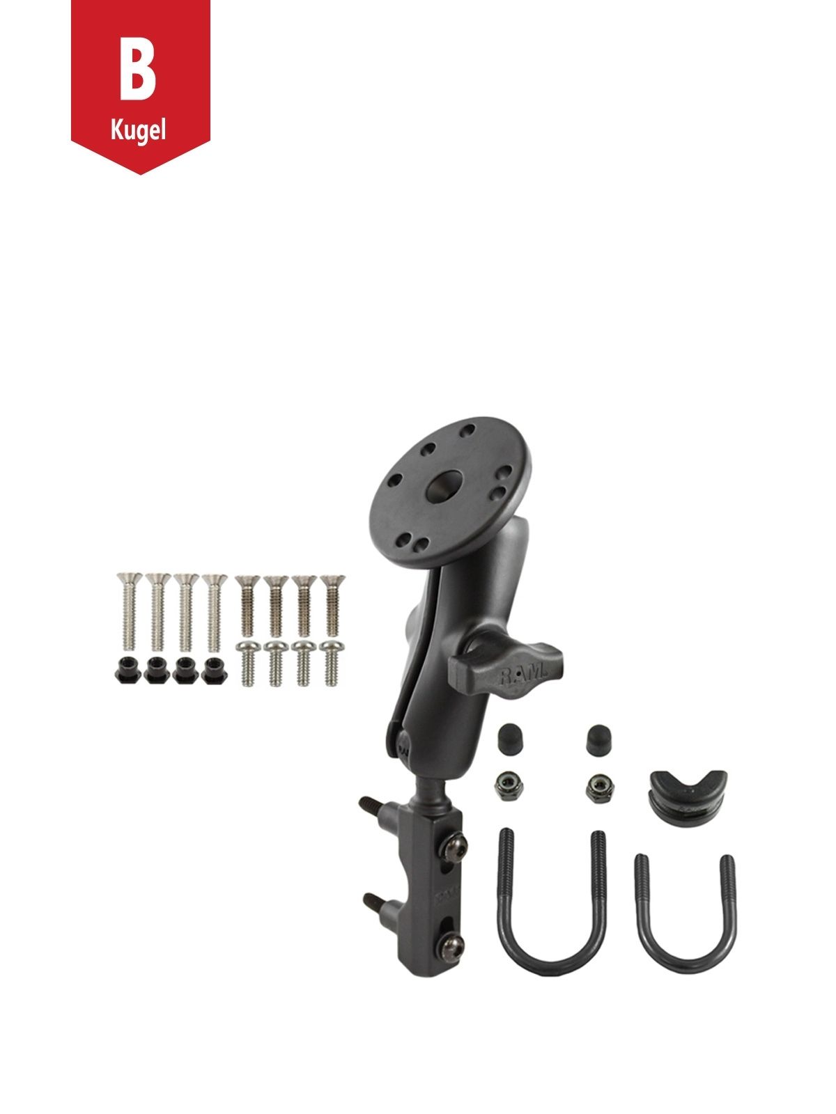 RAM Mounts Motorrad-Set - B-Kugel (1 Zoll), Basisbefestigung (Lenker/Bremse/Kupplung), mittlerer Verbindungsarm, runde Basisplatte (AMPS)