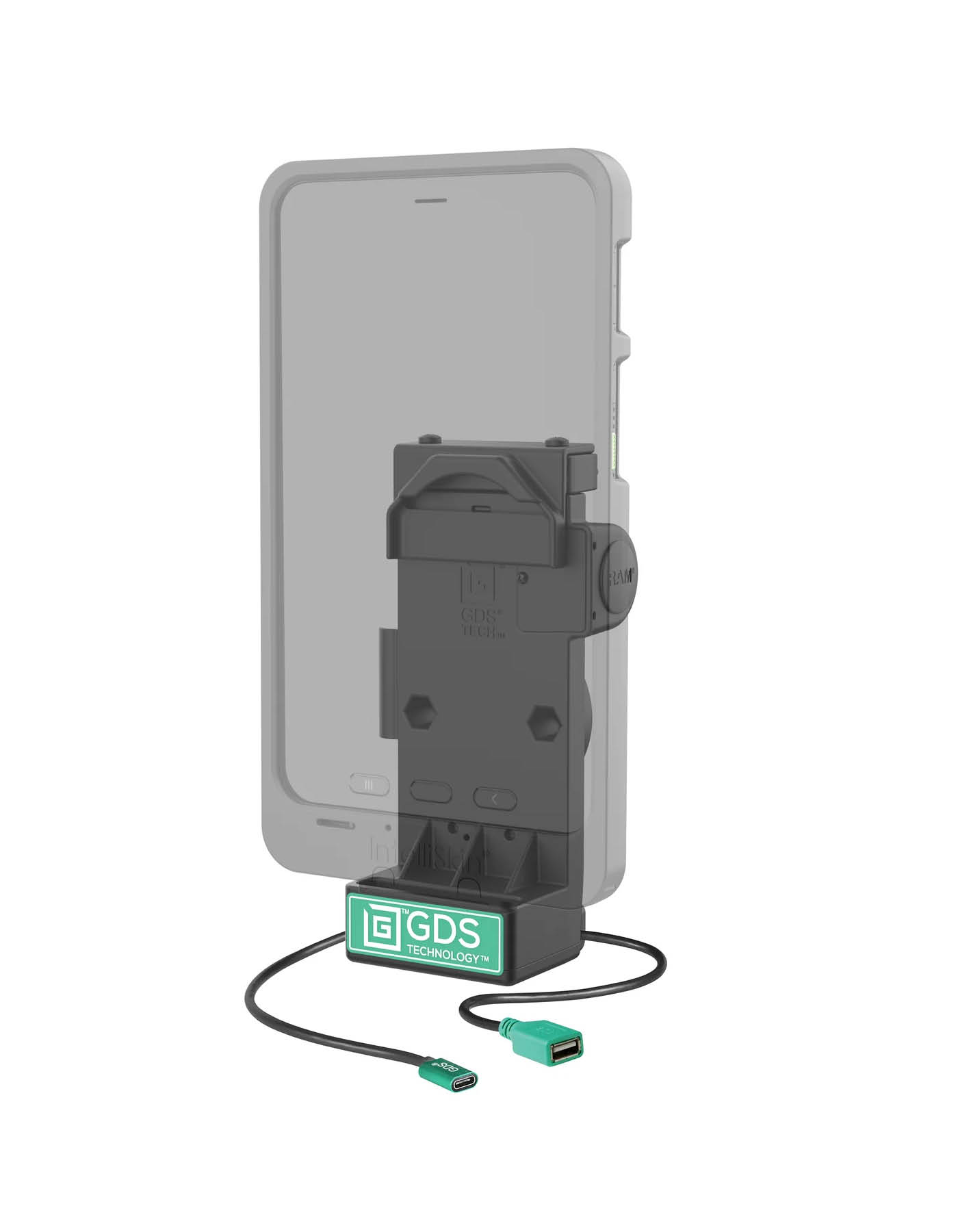 RAM Mounts GDS Uni-Conn Sprunggefederte Ladestation - 2-Lochmuster AMPS - USB-C & USB-A-Anschluss - Beheizte Pogo-Pins - Schrauben-Set