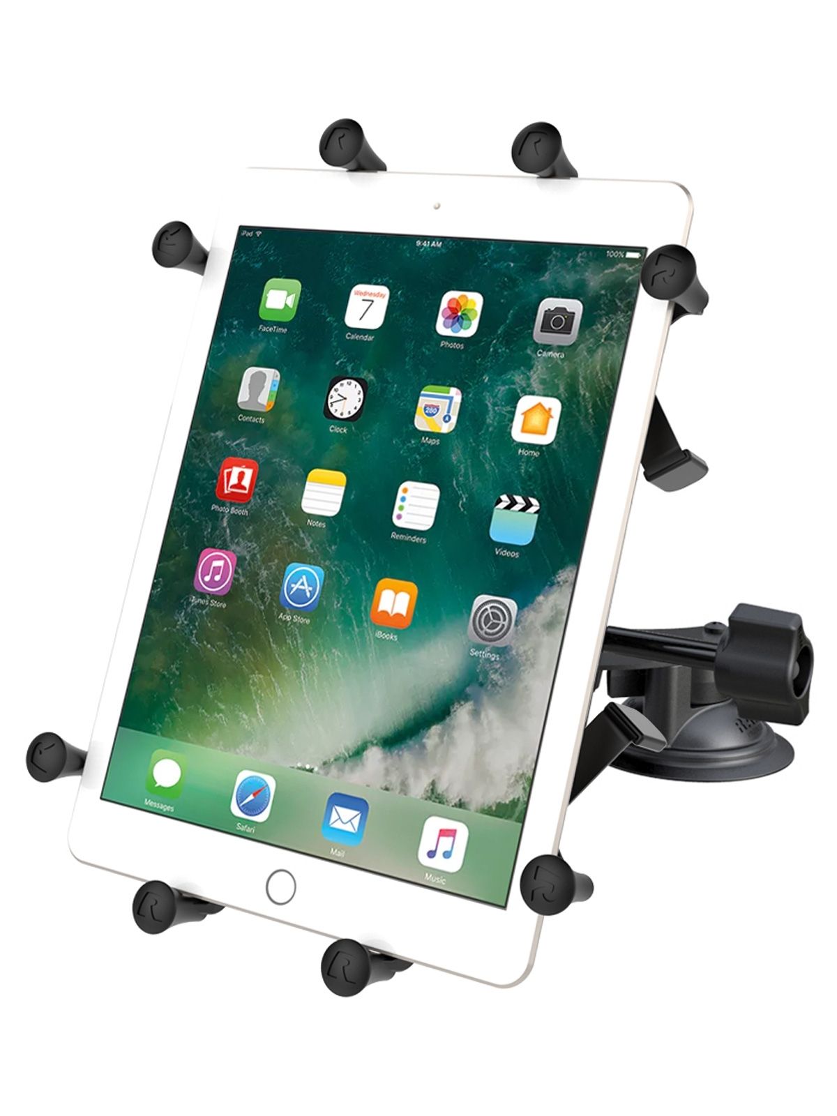 RAM Mounts X-Grip Doppel-Saugfuß-Halterung für 9-11 Zoll Tablets - Runde Basiskugel - Mittlerer Verbindungsarm (Langer Feststellhebel) - Saugfuß mit Trapez Basiskugel - B-Kugel (1 Zoll) - Schrauben-Set