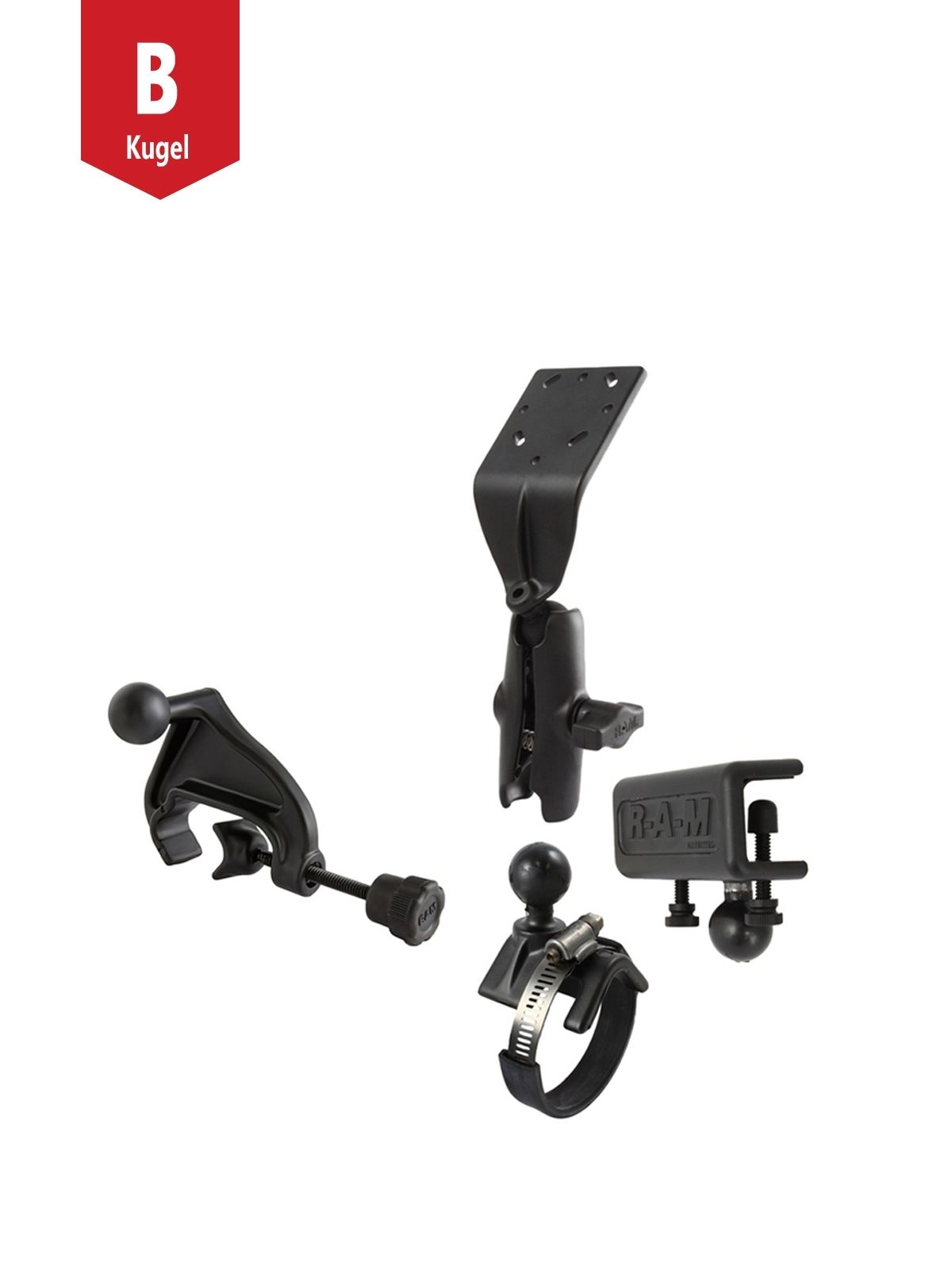 RAM Mounts Set - B-Kugel (1 Zoll), 3 Basisbefestigungen, mittlerer Verbindungsarm, gewölbte Adapterplatte