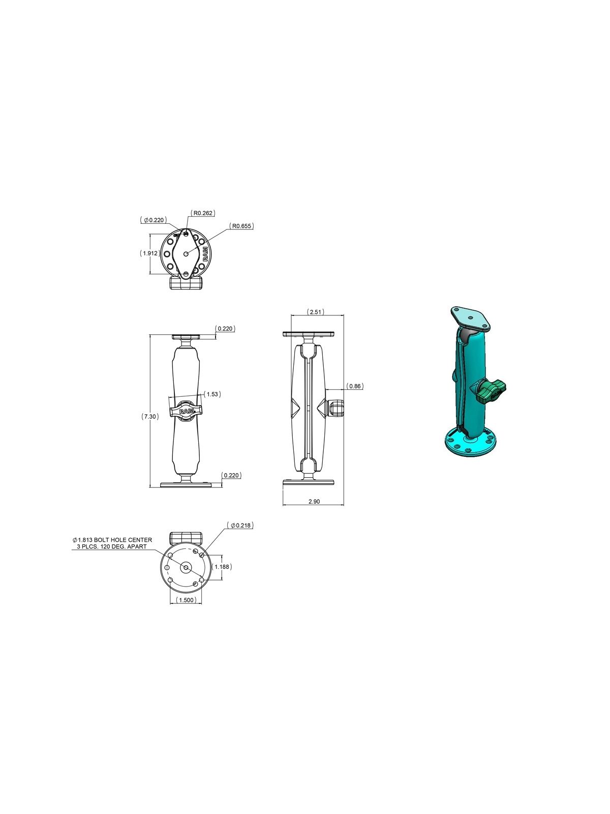 RAM Mounts Assembly Kit - B-Size (1") - Round Base Plate (AMPS) - Long Double Socket Arm (ca. 152.4 mm) - Diamond Base Plate (AMPS 2-Hole pattern)